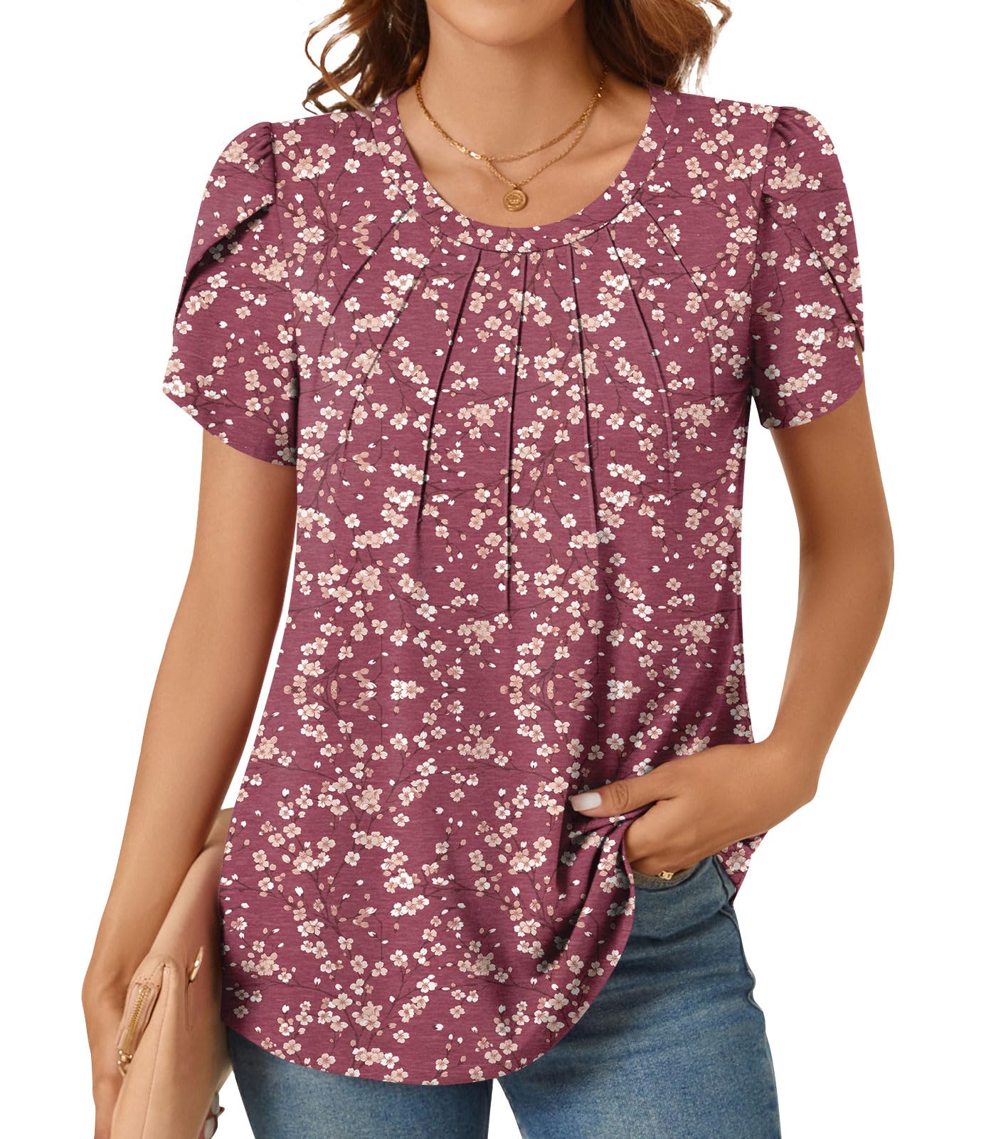 AnyholdWomens Tops Dressy Casual Summer Short Sleeve Blouse Dress Shirt