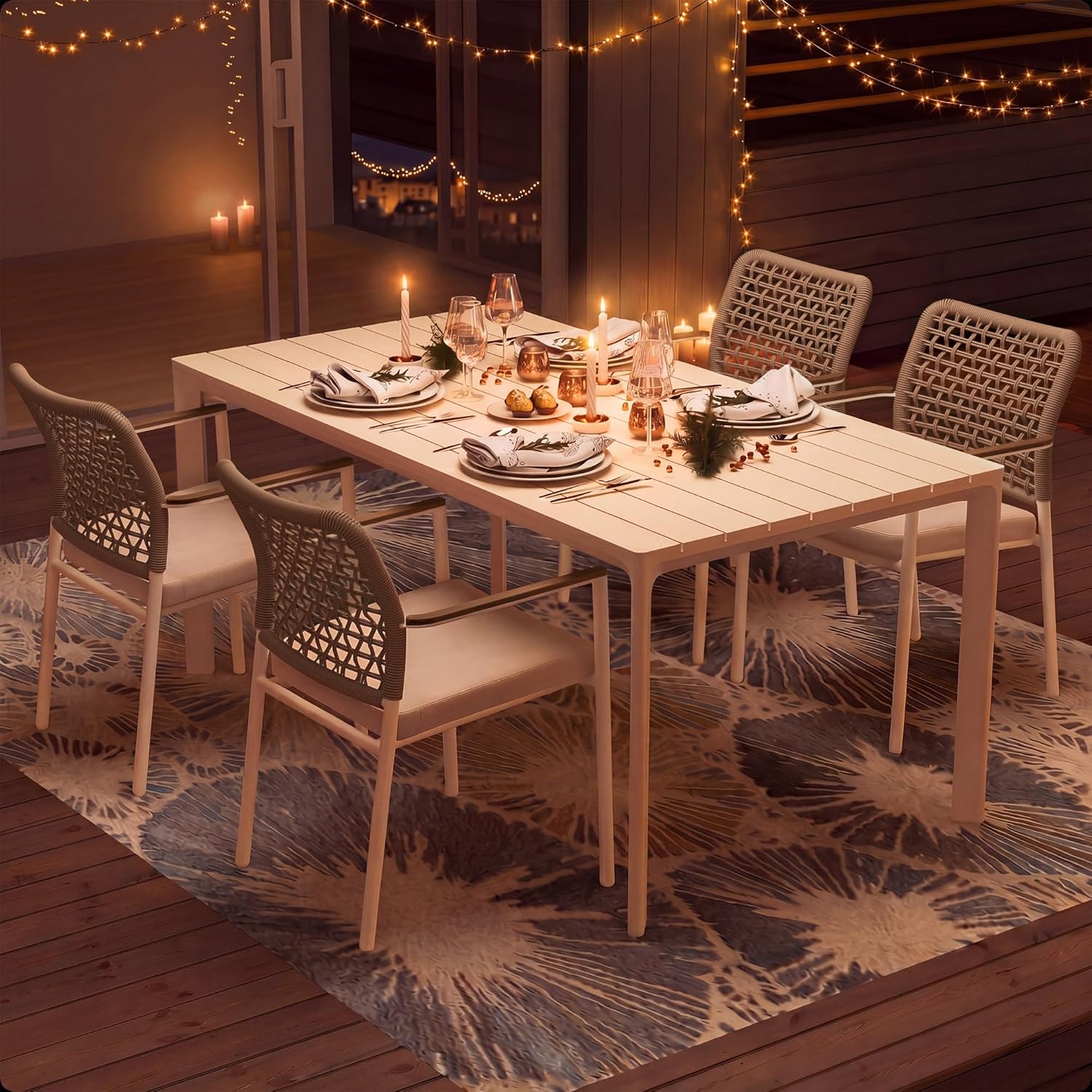 Modern Shade 5 Piece Luxury Outdoor Dining Set, Designer Outdoor Table and Chairs with Fade Resistant Cushions & FSC Teak, Premium Aluminum Patio Table and Chairs Set for Elegant Outdoor Living, White