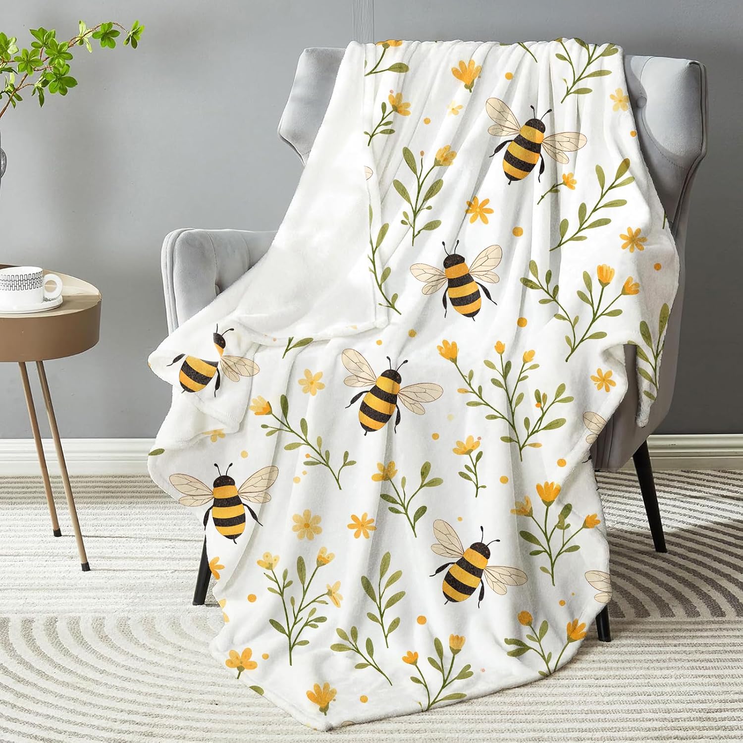 Cute Bee and Wildflower Blanket, Soft Cottagecore Floral Throw Blanket Gifts for Women Girls Kids Teens, Lightweight Warm Cozy 60×50 inch Flannel for Couch, Travel, Bed, Decor image 2