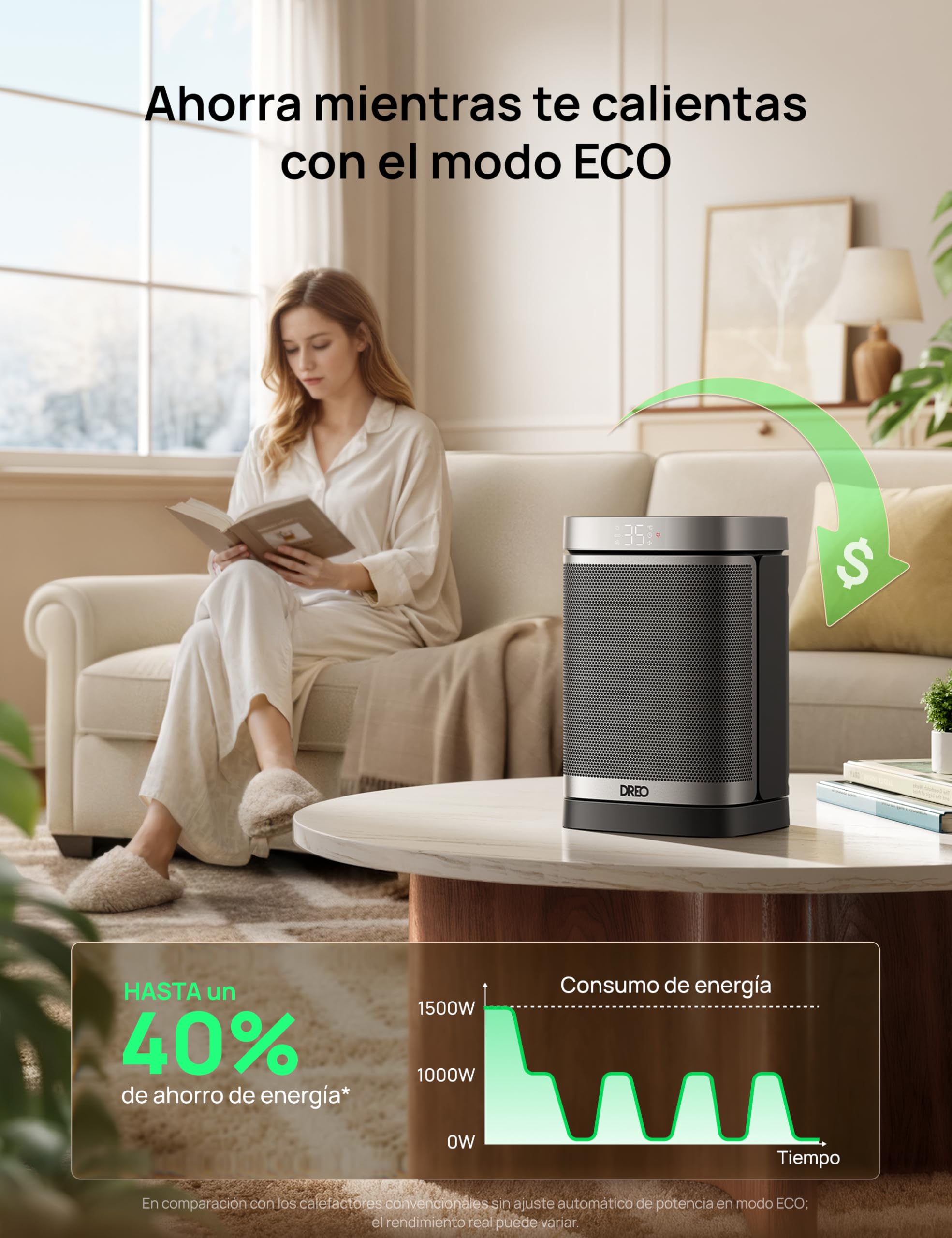 Dreo Calefactor Atom One, 3-Modos 3-Velocidades, 70°Oscilación, Calefactor cerámico de PTC con termostato, con termostato, temporizador 1-12H, Mando a distancia, Modo ECO-Ahorro de energía