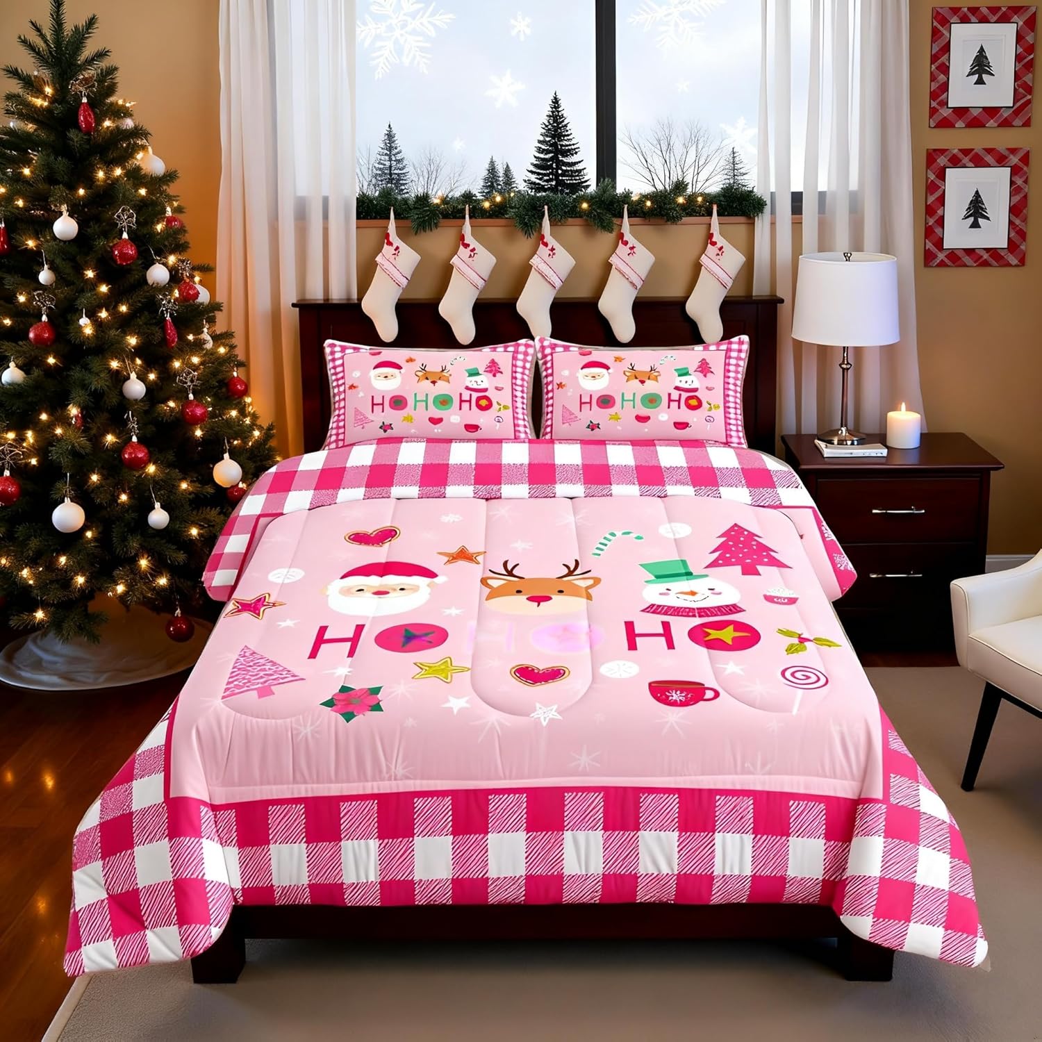 Merry Christmas Kids Comforter Set Full Size,Cartoon Santa Claus Snowman Deer Bedding Set,Boys Girls Adults Room Decor,Geometric Grids Fashion Down Comforter,Pink Xmas Duvet Insert,2 Pillowcases