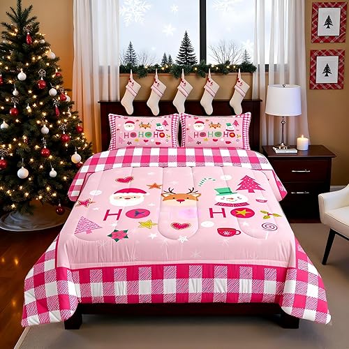 Miniatura 9 de Juego de edredón de Navidad para niños tamaño queen, ropa de cama festiva de dulces navideños, decoración de dormitorio/cabaña de Navidad para Multi