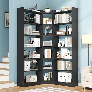 Nosepen 70.8" Tall Corner Bookshelf and Bookcases, 7 Tiers Morden Large Etagere Bookcases Storage Display Rack with Baffle, Industrial L-Shaped Bookshelves for Bedroom, Home Office, Living Room, Black