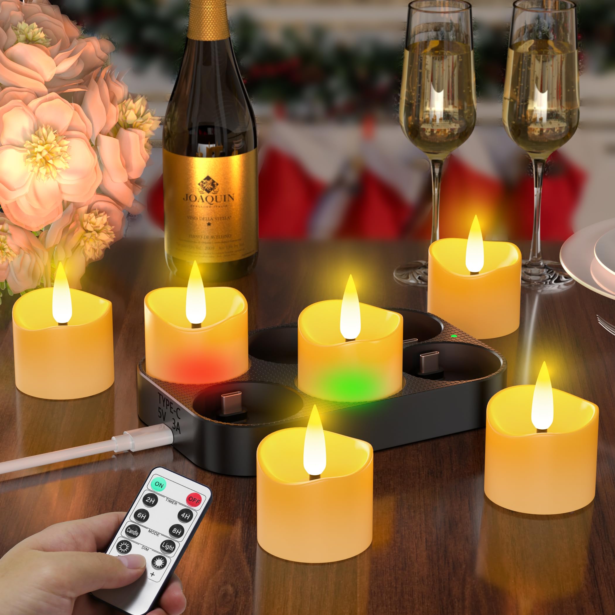 daphomeu Wiederaufladbar LED Teelichter 6 Stück – 100+ Std Laufzeit mit Timer & Fernbedienung, Flackernd Flammenlose Elektrische Kerzen für Hochzeiten, Party, Weihnachten, Halloween, Heimdekoration