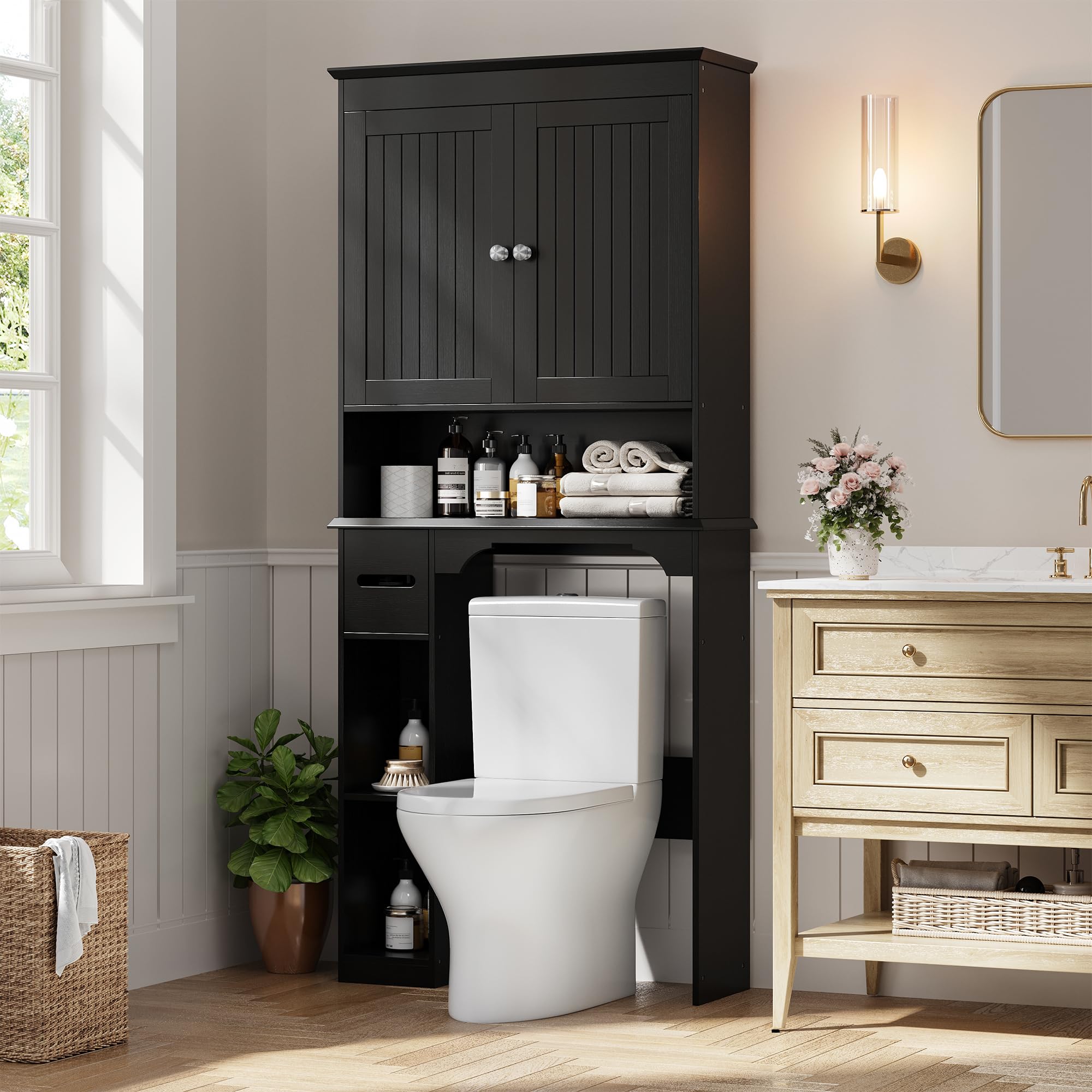 IDEALHOUSE 23.6 Inches Wide Toilet Rack with Over The Toilet Storage Cabinet, Bathroom Shelf Organizer with Anti-Tip Device, Small Freestanding Space