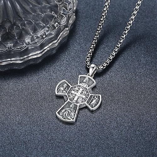 Miniatura 2 de HXWZB Collar de medalla de San Benito de plata de ley 925, collar de cruz de cuatro vías, colgante de San Benito, joyería de cruz, regalos