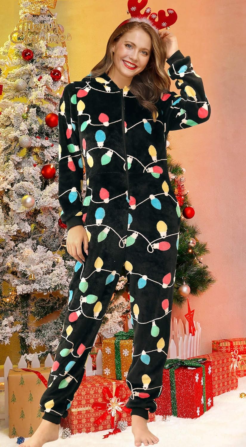 ALIREVERIE Women Christmas Long Sleeve Adult Pajamas Fleece Plush Hooded Zip Up Onesies Xmas Lights 8 Years
