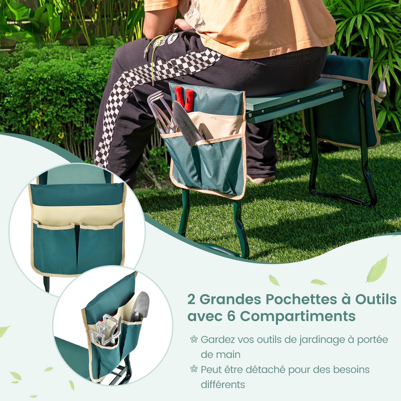 COSTWAY Tabourets de Jardinage Pliable avec Coussin EVA, Genouillère de Jardin 2 en 1 Cadre en Métal Siège de Jardinier avec 2 Grande Pochette à Outils Charge 150KG pour Jardinage, Vert