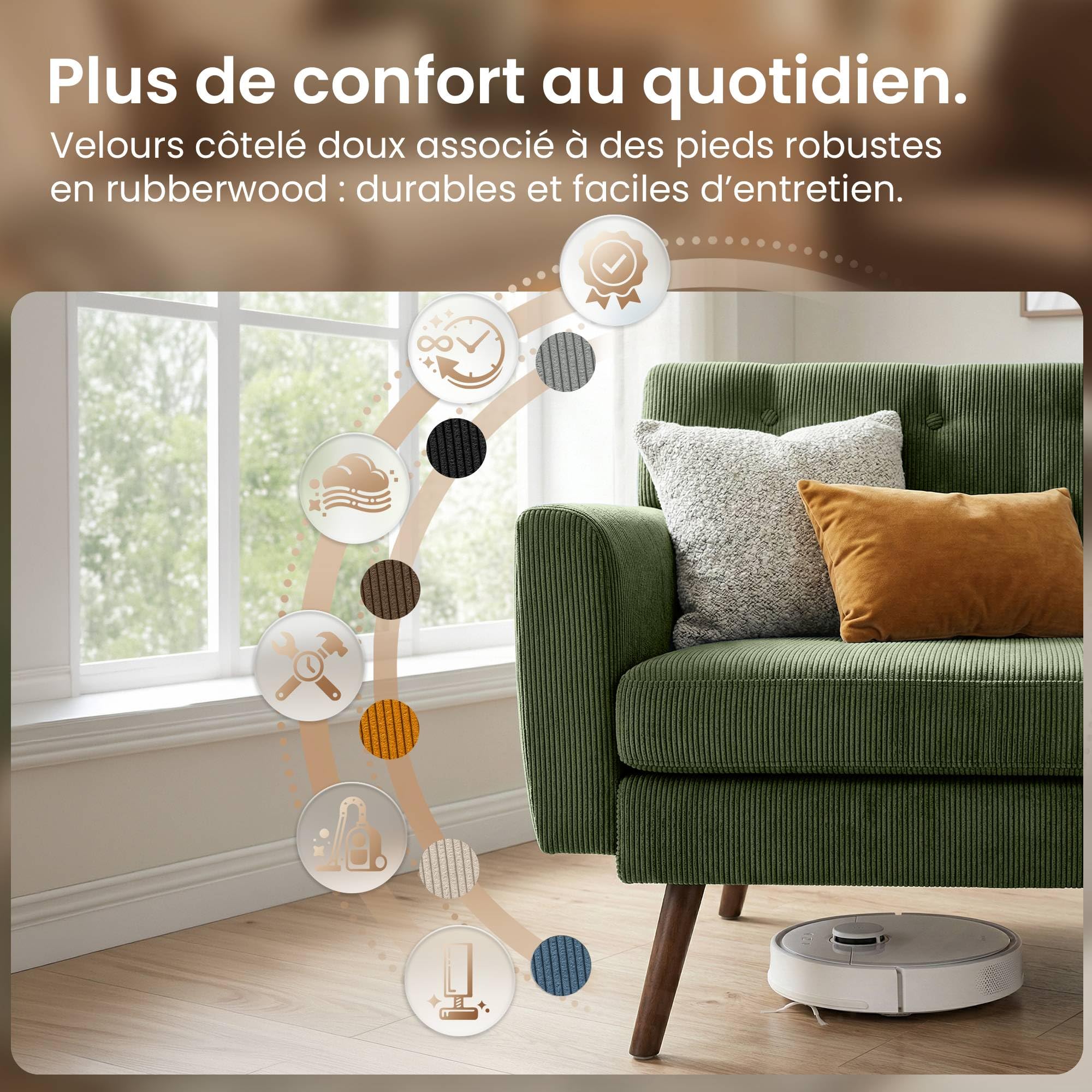 CLP Canape 2 Places Kioni en Velours cotele, canape Confortable pour Salon, Rembourrage Epais, Charge Max 240 kg, Pieds en Bois d hevea, Couleur:Vert
