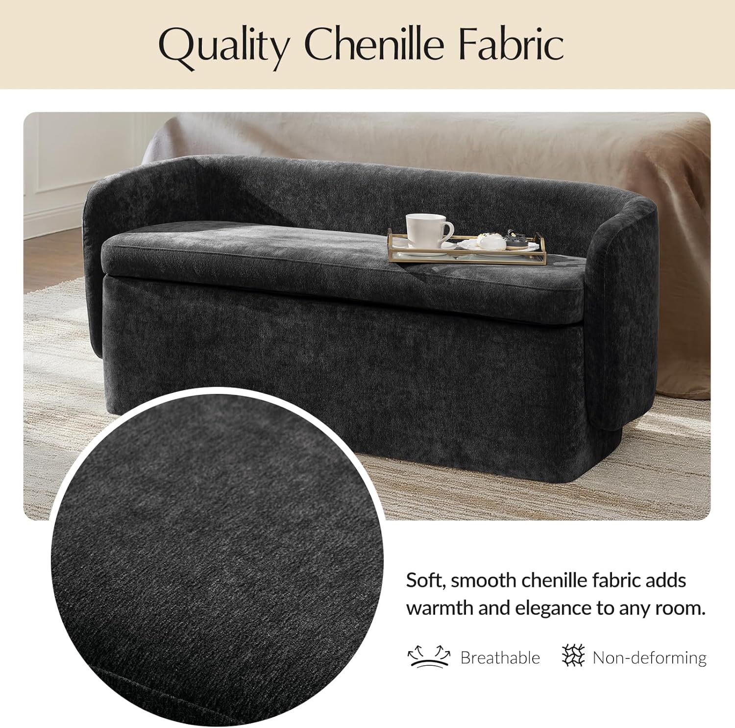 HULALA HOME 61" Upholstered Bedroom Storage Bench, Chenille End of Bed Bench with Low Backrest, Large Storage Ottoman with Seating for Living Room, Black