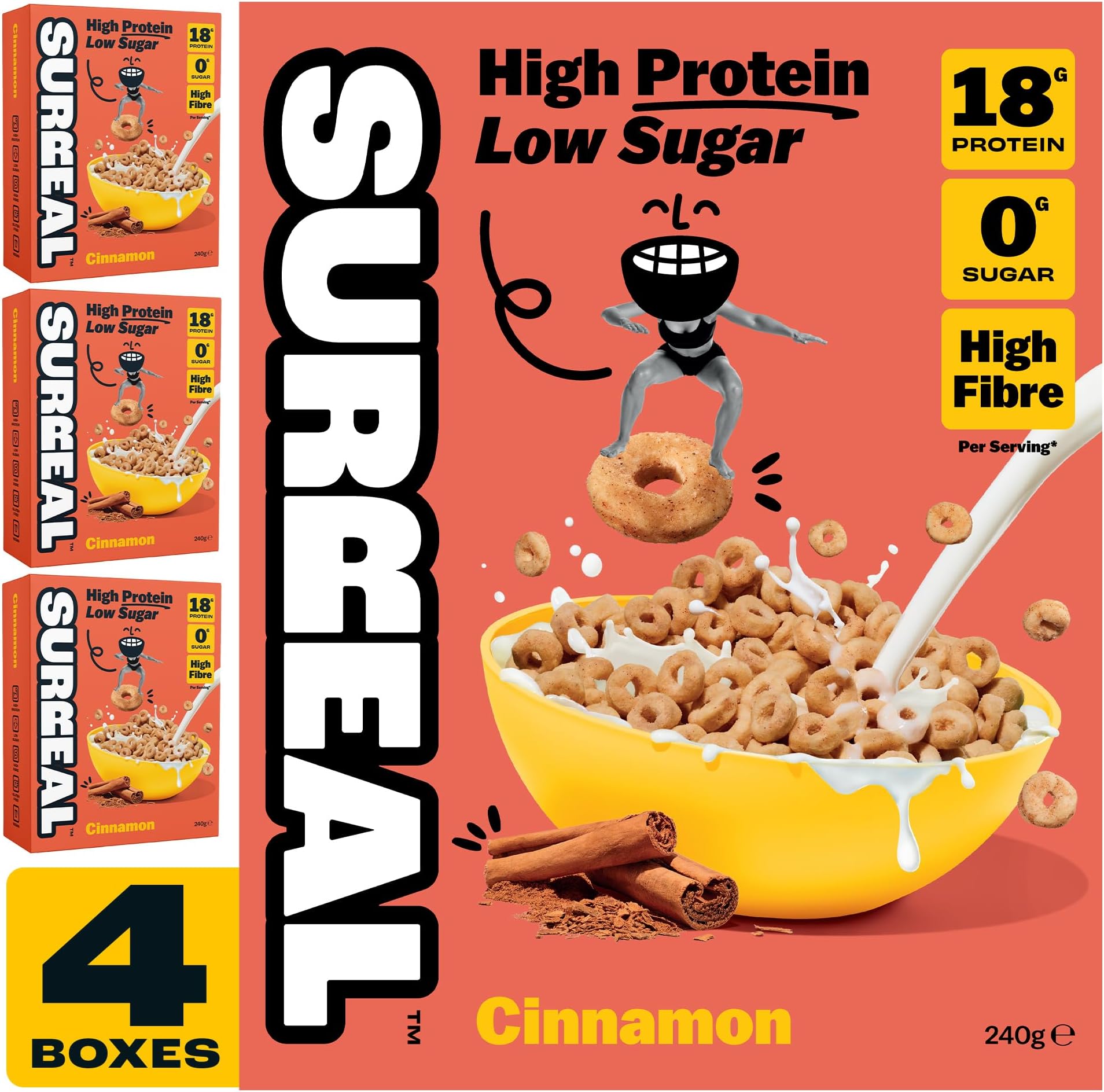 – Cinnamon - High Protein Keto Cereal - 0g Sugar- Healthy Plant Based Cereal - High in Fibre- Low Carb - Gluten Free - Vegan - 18g of Protein - 240g per Box - 4 Pack (4 x Cinnamon)
