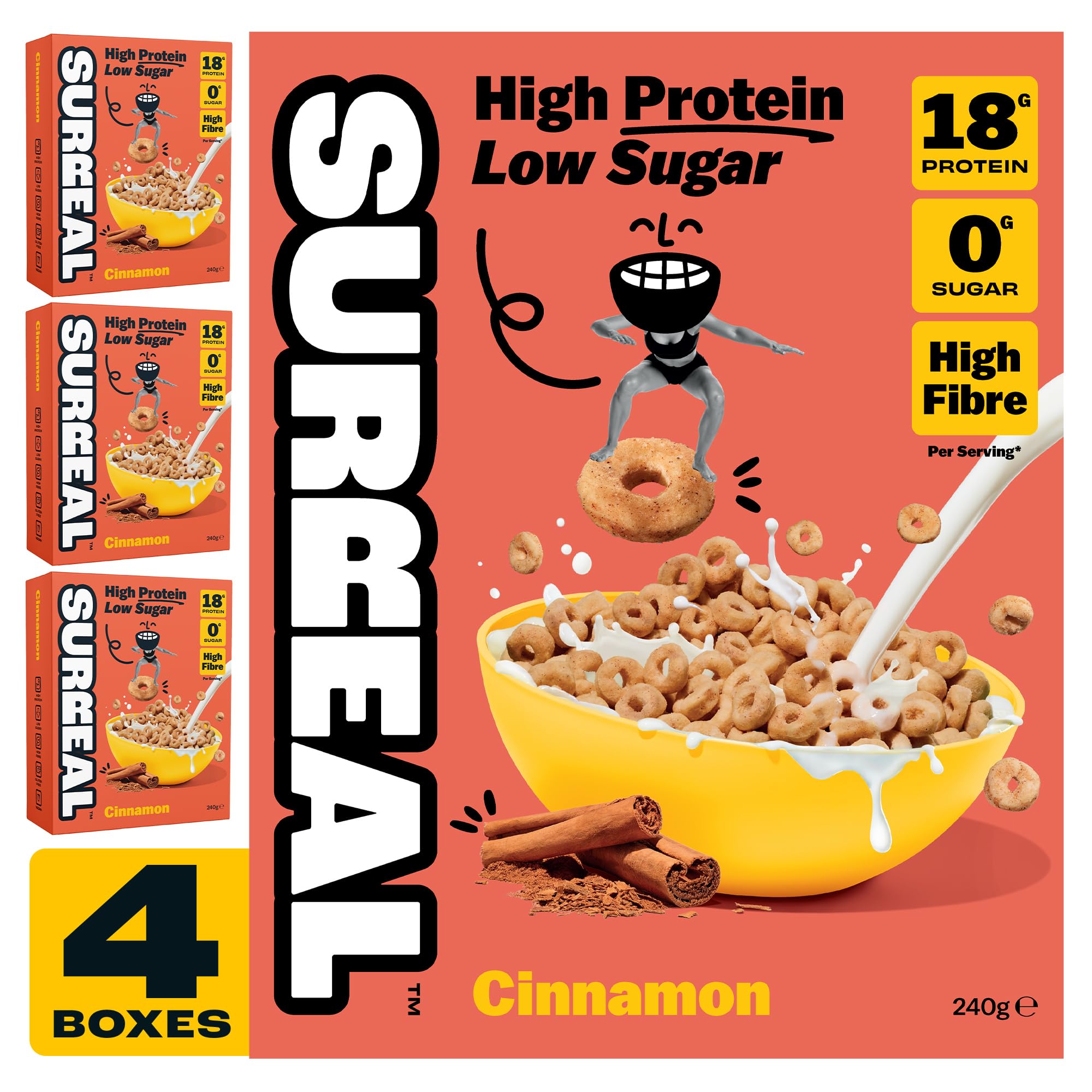 Cinnamon - High Protein Keto Cereal - 0g Sugar- Healthy Plant Based Cereal - High in Fibre- Low Carb - Gluten Free - Vegan - 17g of Protein - 240g per Box - 4 Pack (4 x Cinnamon)