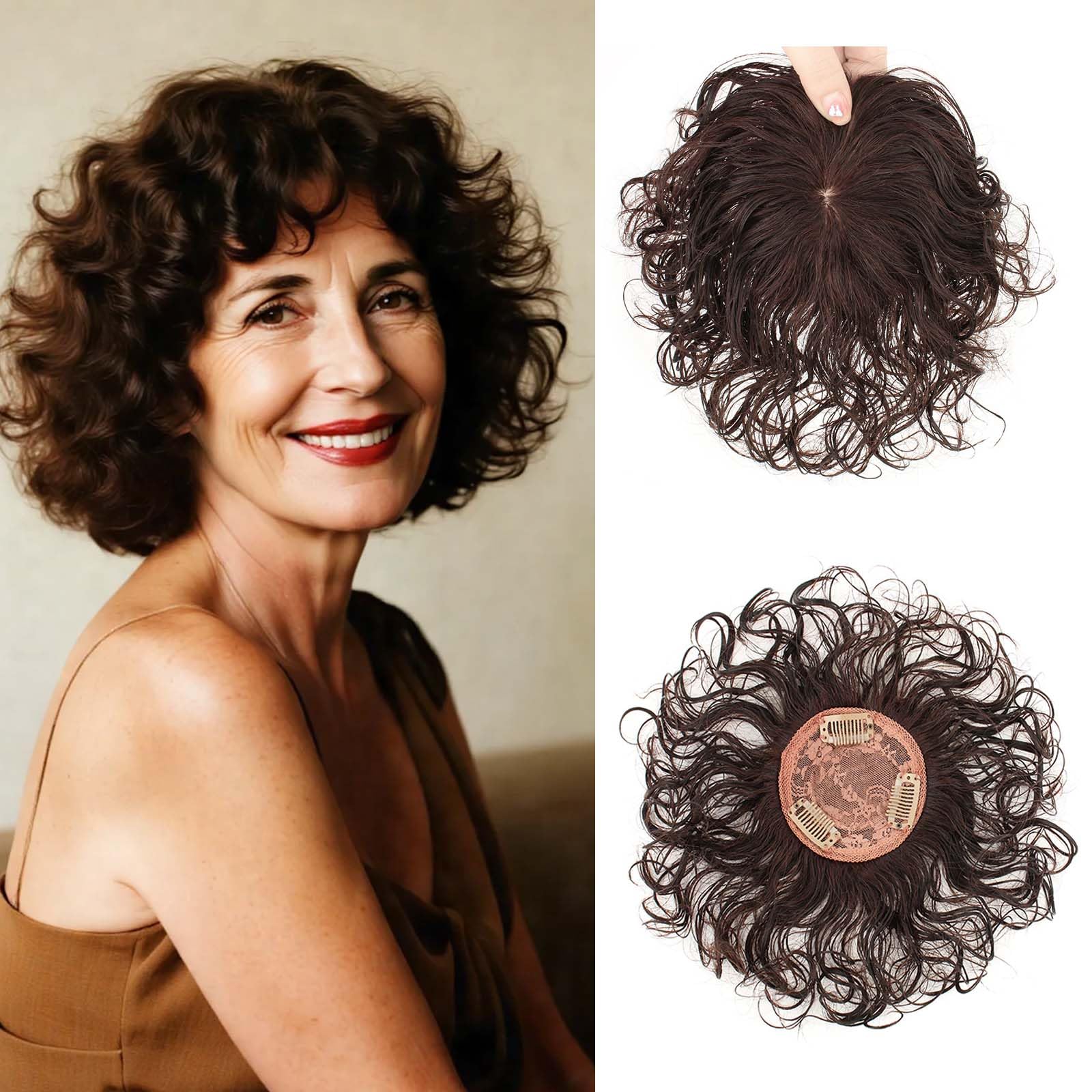 Topper per capelli veri ricci in seta da 3,5"x3,5" per donne con capelli radi, clip corta da 6" per cuoio capelluto realistico, pezzi superiori per uso quotidiano (marrone scuro)