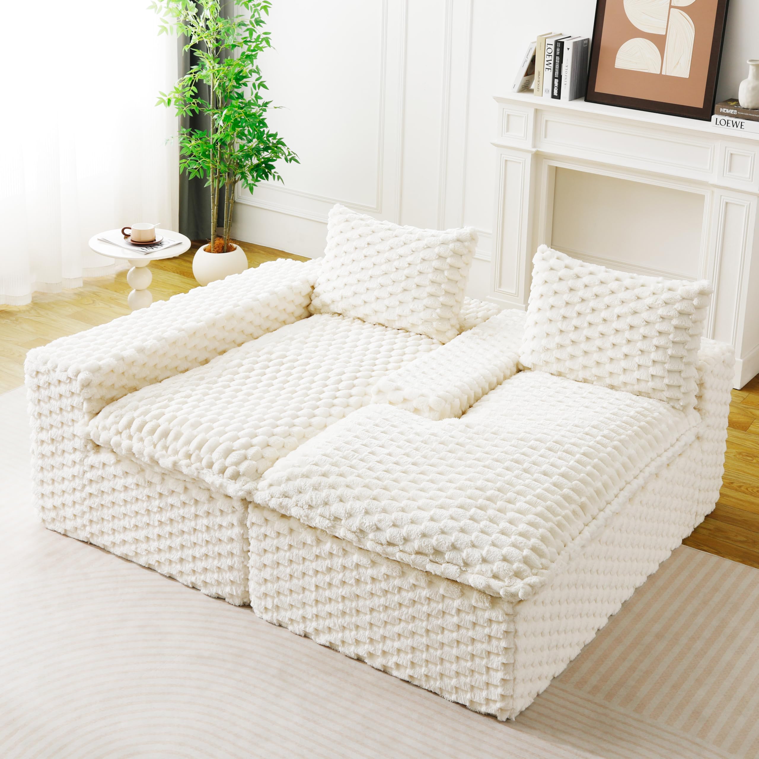 KEIKI 96" L-Shape Modular Boneless Couch with Chaise for Modern Home Small Space, Sectional Sofa Deep Seat Oversized Loveseat Convertible Sofa Bed for Apartment Furniture Lounge Relaxing Corner, White