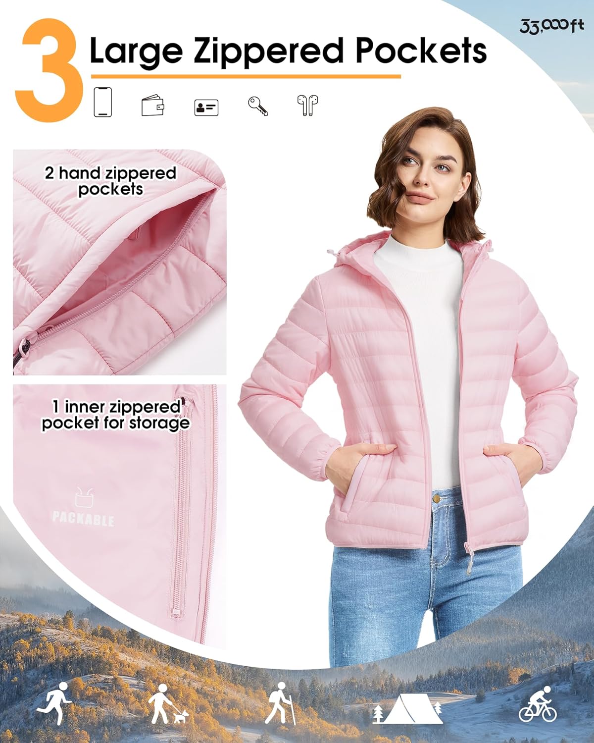 33,000ft Women's Hooded Packable Puffer Jacket Lightweight Warm Puffy Quilted Winter Coat - Image 3