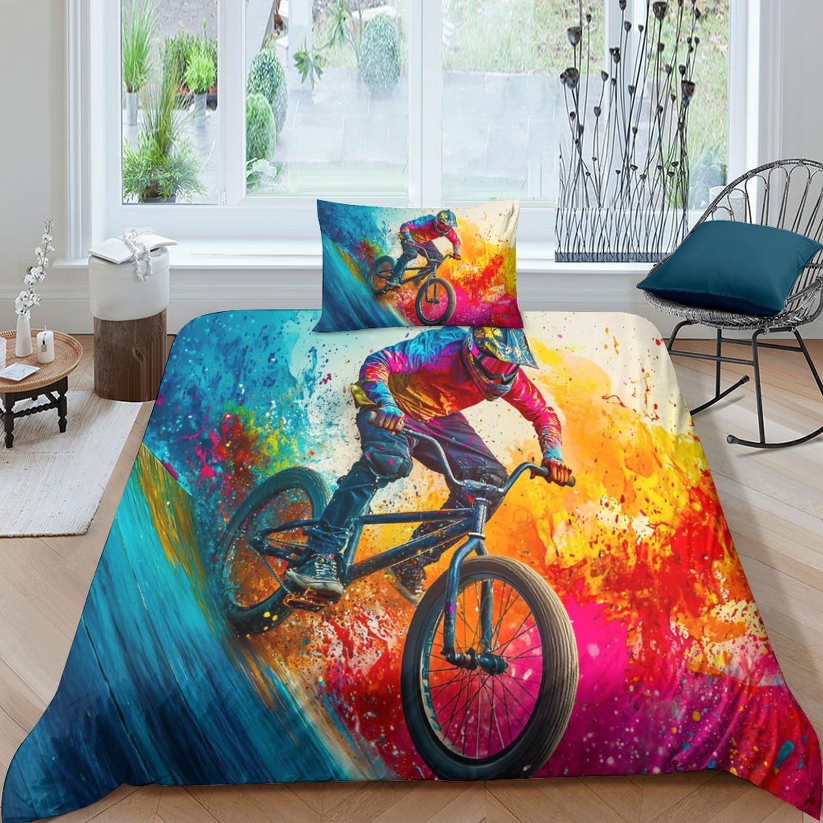 Housse de couette BMX 3D en microfibre confortable avec sa taie d'oreiller pour lit single