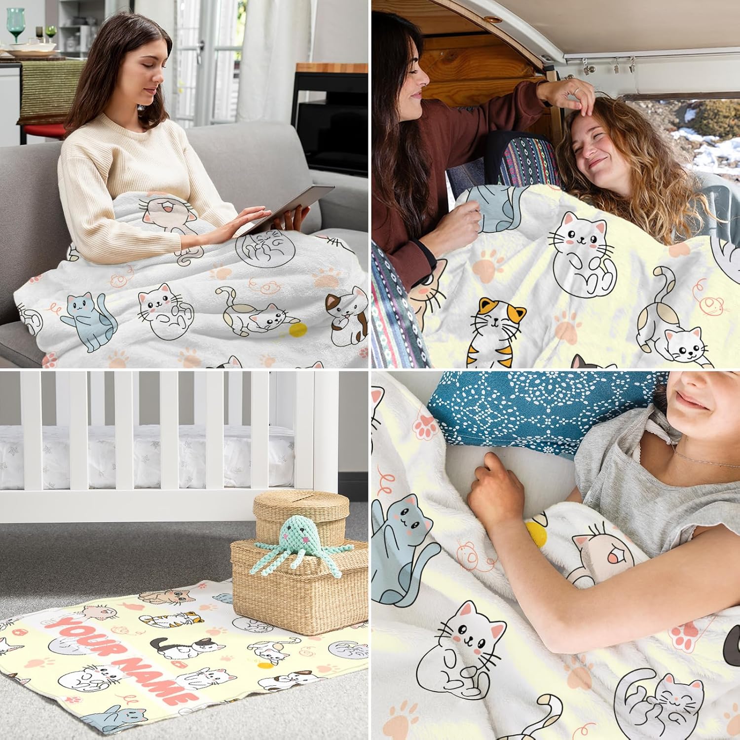 Personalized Cat Stuff for Girls - 40" x 50" Inches Cat Throw Blanket for Girls Kids - Cute Lightweight Cozy Flannel Blankets for Crib, Couch, Sofa