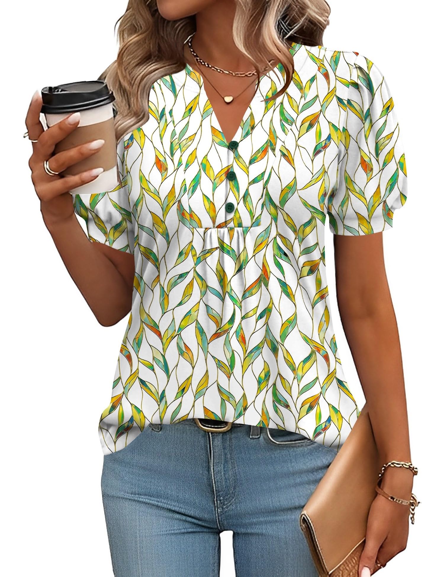 IECCP Womens Tops Puff Short Sleeve Shirts Dressy Casual Henley V-Neck Summer Tops Pleated T-Shirts Loose Fit Tunic Blouses