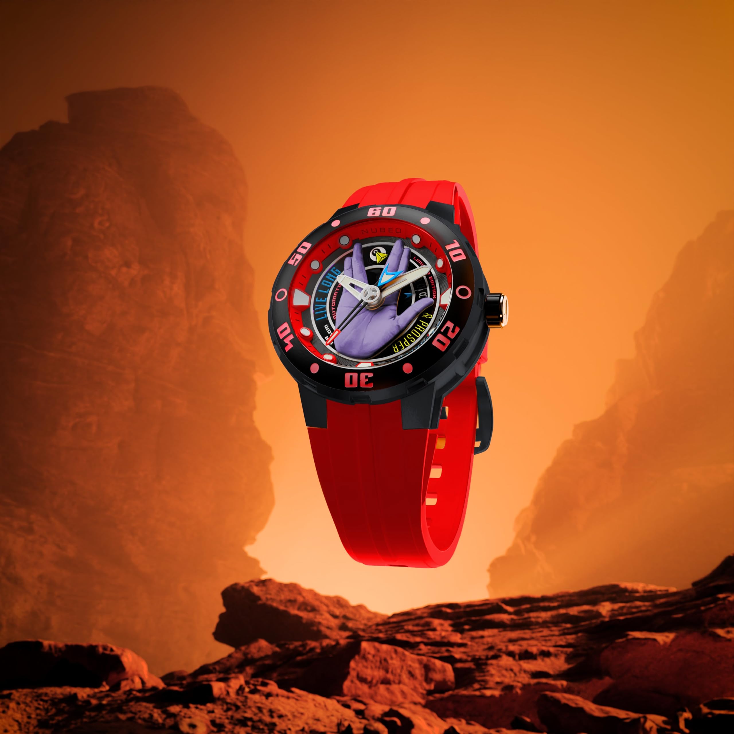Nubeo Orologio da uomo 50 mm Mariner automatico Star Trek Live Long & Prosper Limited Edition con cinturino in silicone NB-6122, Rosso Vulcaniano, Cinturino