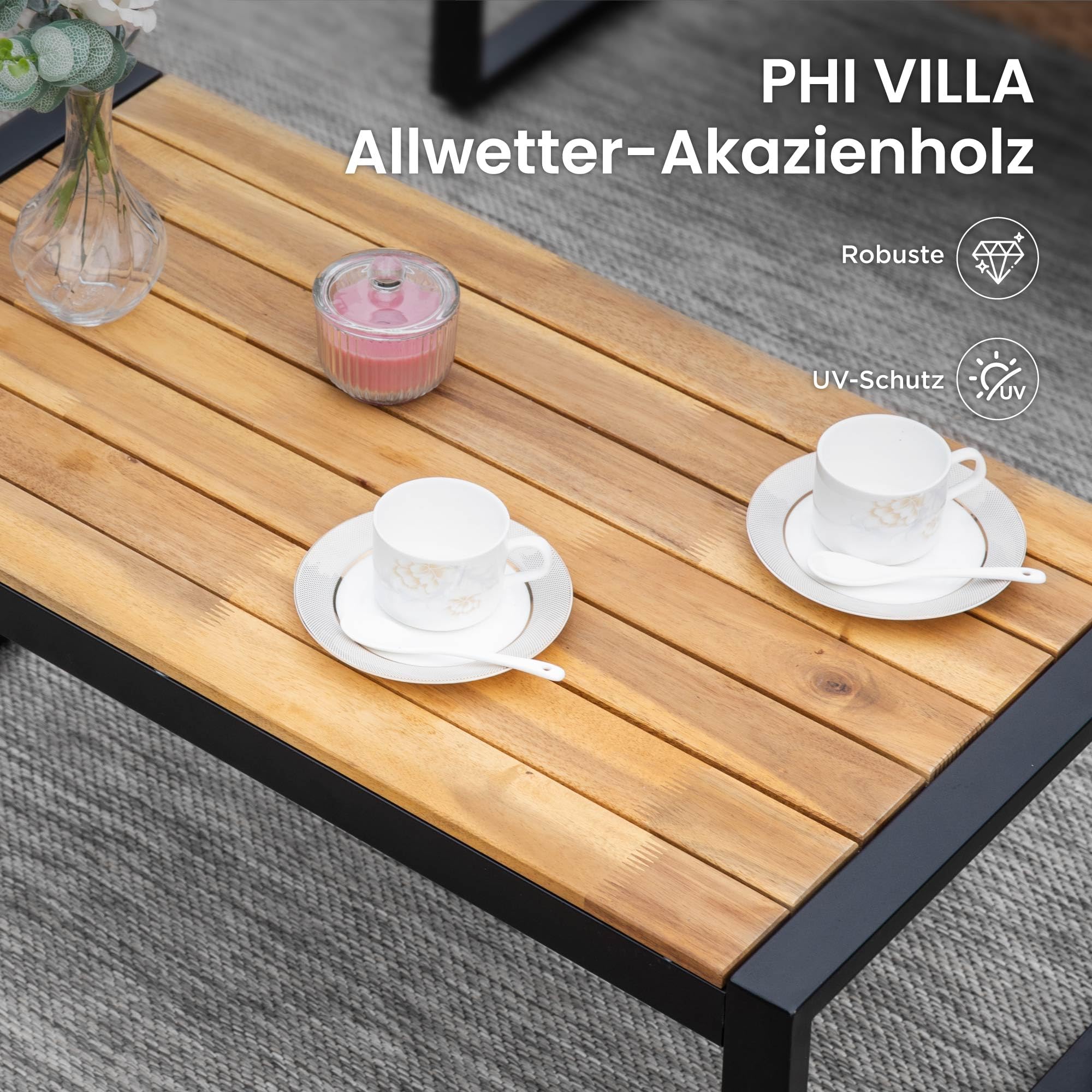 PHI VILLA Gartenmöbel Balkonmöbel Set mit 1 x 2-Sitzer Sofa, 2 x Sessel und 1 x Tisch, 4 Personen Outdoor Lounge Möbel Gartensofa. Wetterfest Rattan Balkon Lounge für Garten Terrasse, Beige & Braun