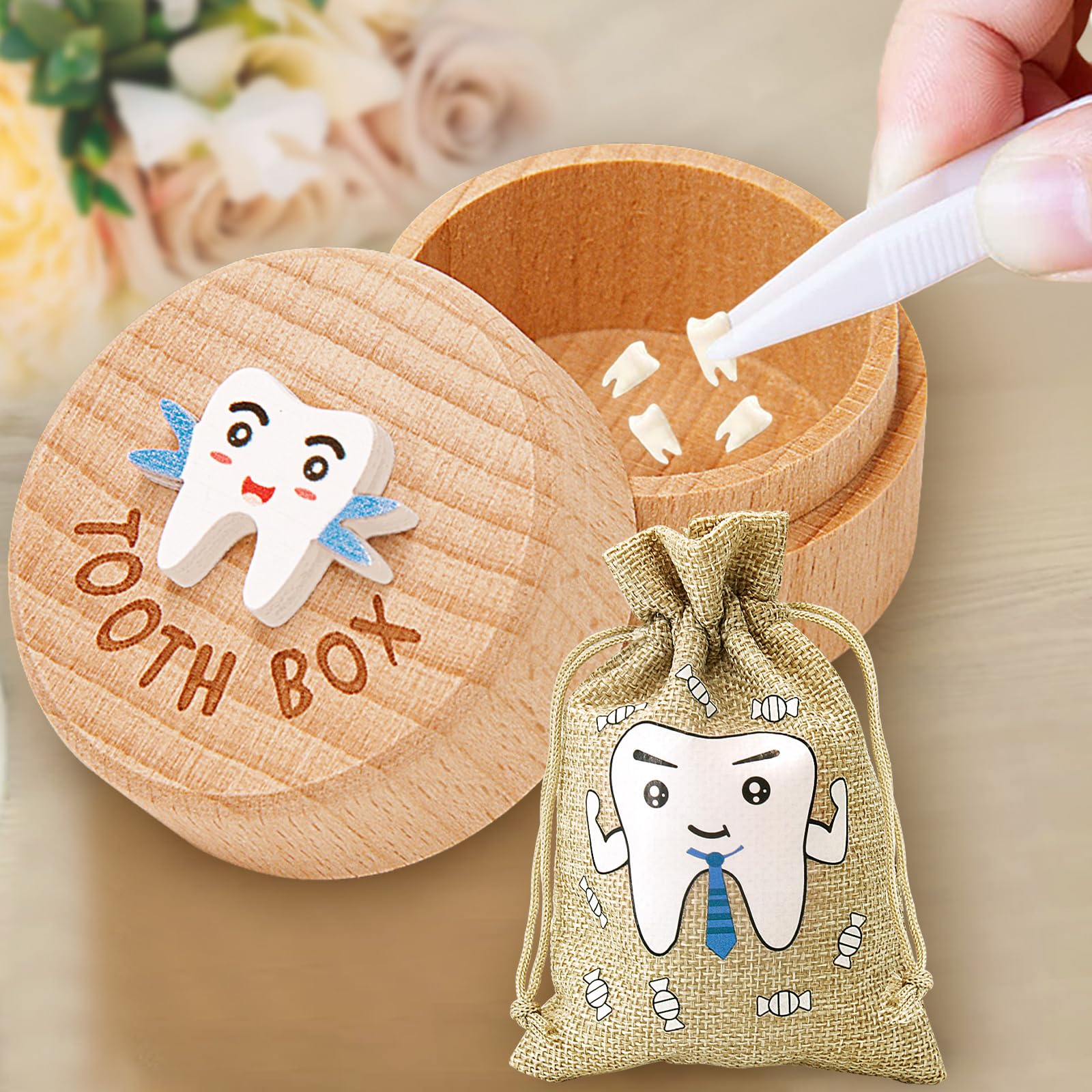 STSAIL Tooth Fairy Box 3D Carved Tooth Fairy Tooth Holder, Baby Tooth Box for Lost Tooth Wooden Tooth Keepsake Box, Tooth Holder for Kids Teeth With Tooth Fairy Bag Storage Toddler Tooth Box Gift - Image 4