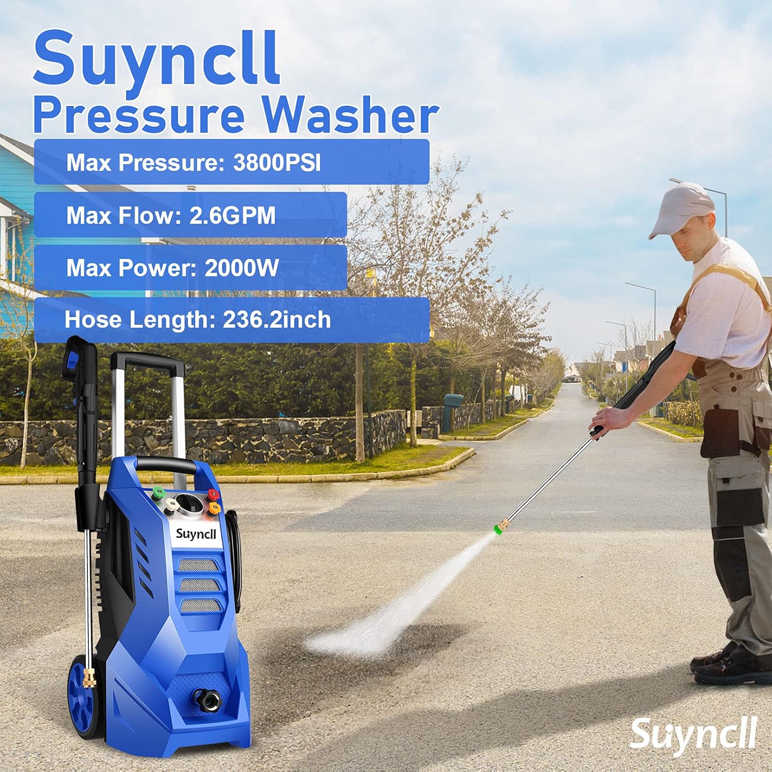 Suyncll Electric Pressure Washer 3800PSI, 2.6GPM Power Washer Cleaner with 4 Nozzles, Detergent Tank, Best for Cars/Fences/Patios (Blue) : Patio, Lawn & Garden
