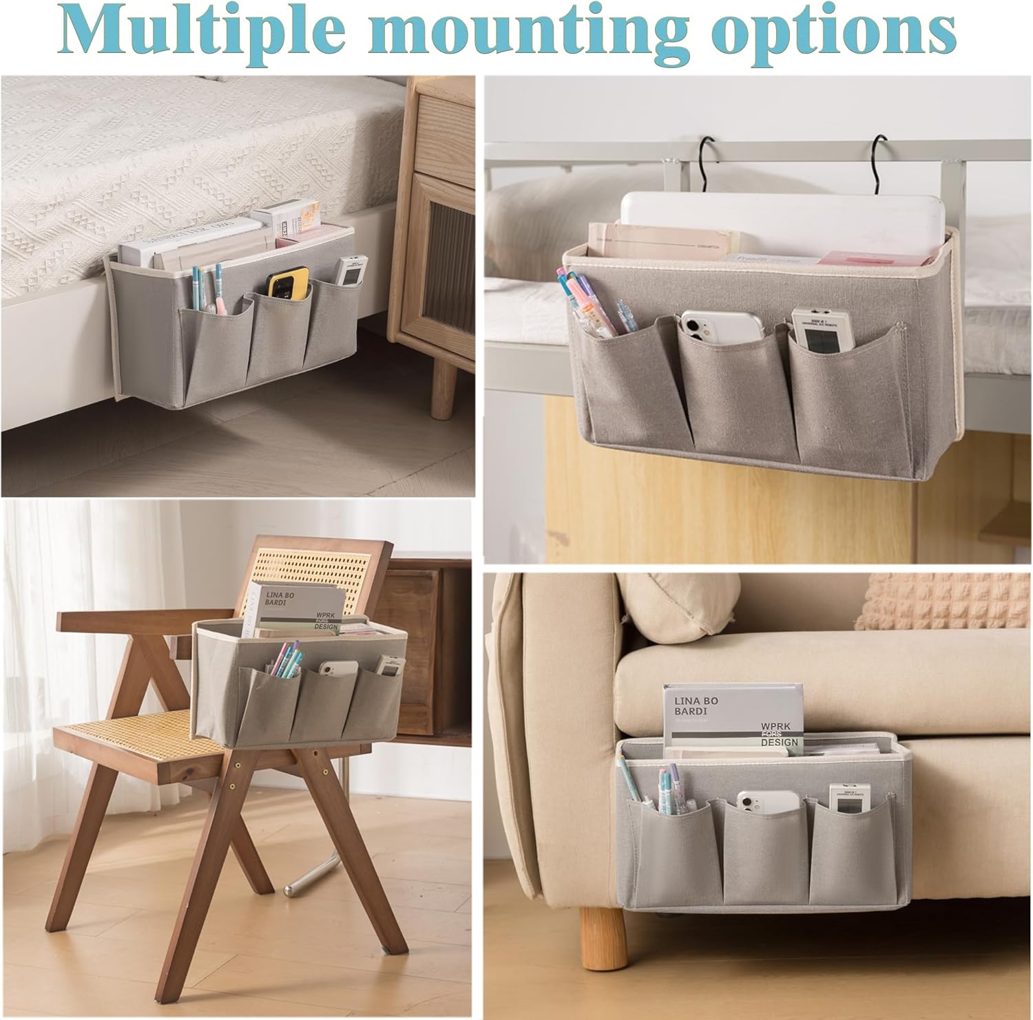 Bedside Caddy/Bedside Storage Organizer Hanging Bag with Three Options,Suitable for home beds, sofas, and dormitory beds—can hold magazines, books, phones, iPads, remote controls. (Gray) - Image 4