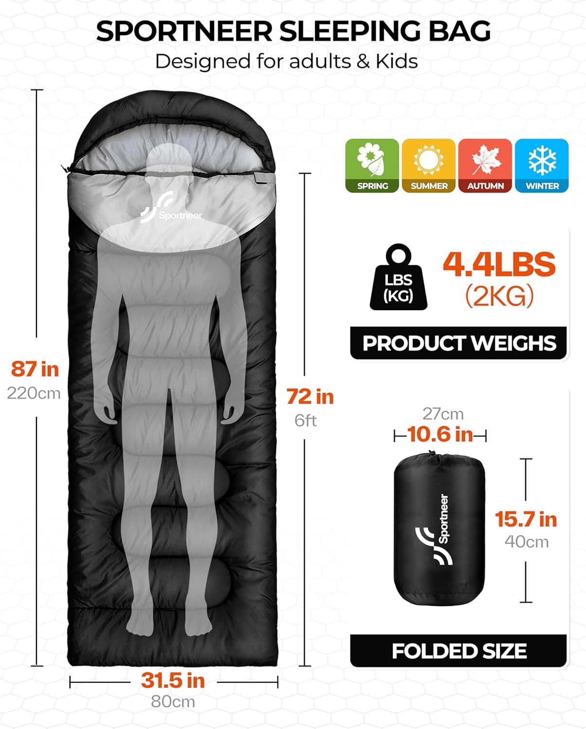 Sportneer Sleeping Bag for Adults & Kids, Cold Weather & Warm Waterproof Camping Sleeping Bag, Compact Portable for Camping Hiking & Travel