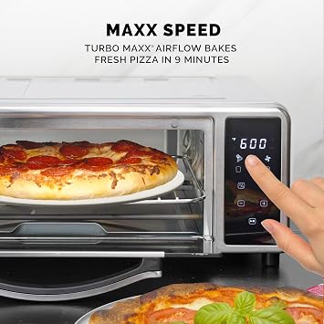 Kalorik MAXX Air Fryer Pizza Oven with Stone, Turbo-Heat Technology Up To 600F Featuring Touchscreen Controls with 6 Preset Functions Fits 12-Inch Pizzas, 1700-Watts, Stainless Steel