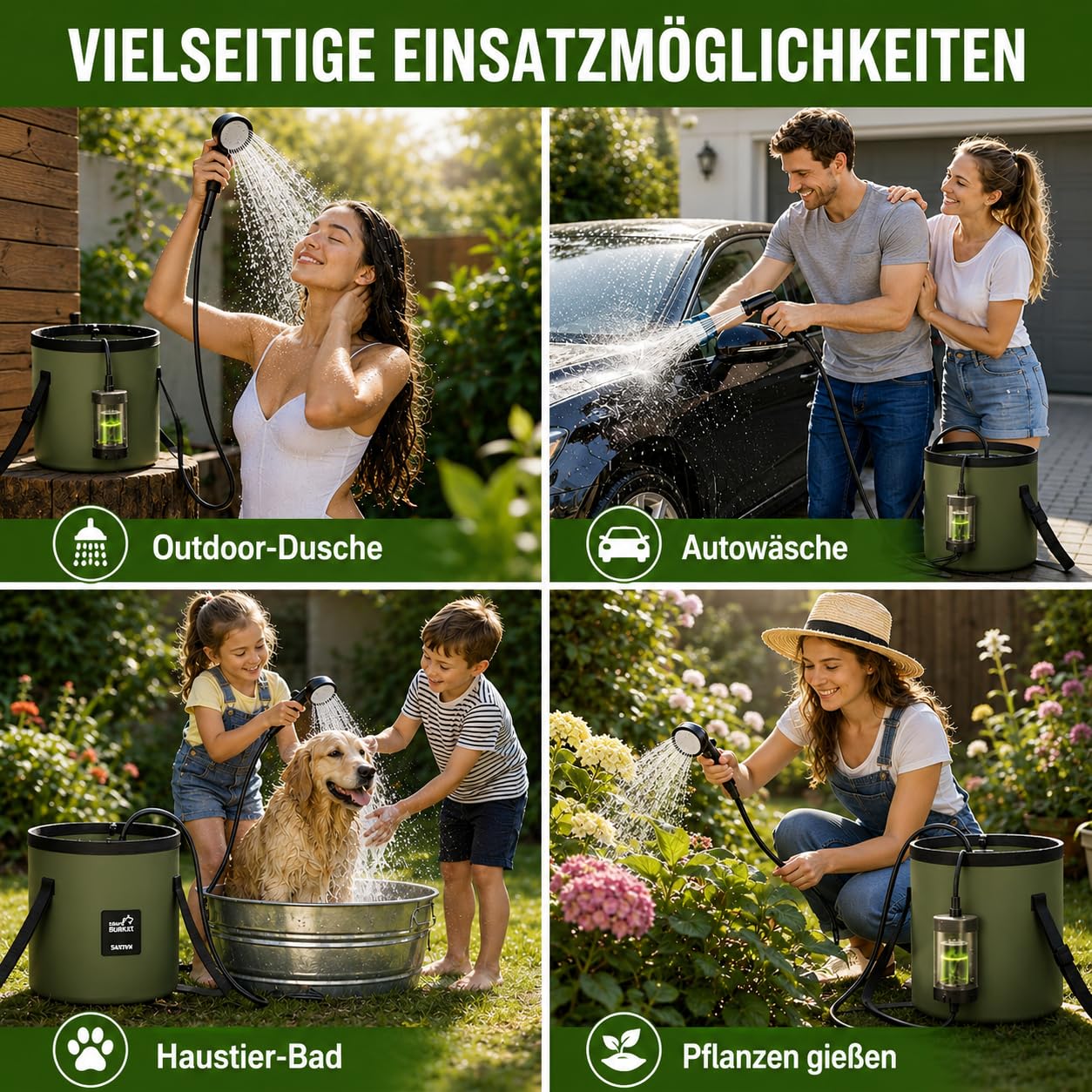 Romicta Tragbare Campingdusche mit wiederaufladbarem 6000mAh Akku & LED-Anzeige – Faltbarer Eimer 4 Sprühmodi IPX7 wasserdichte Pumpe ideal für Wandern Reisen Autofahren Haustiere Outdoor-Aktivitäten