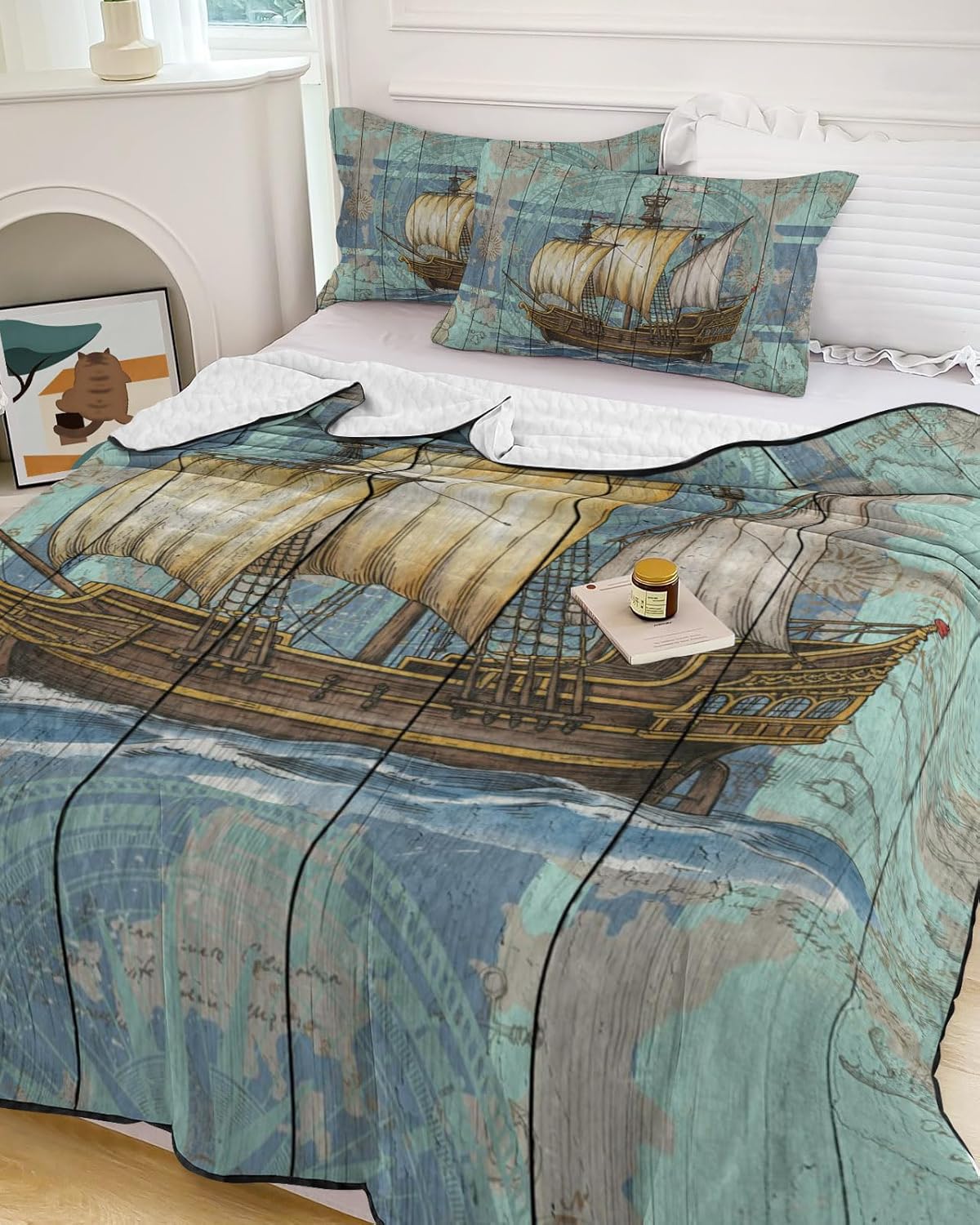 King Size Quilt Set, Nautical Marine Sailboat Rudder Starfish Lightweight Bedspread Coverlet Set Summer Quilt with 2 Pillow Shams, Ocean Starfish Retro Wood 3 Piece Comforter Bedding Set