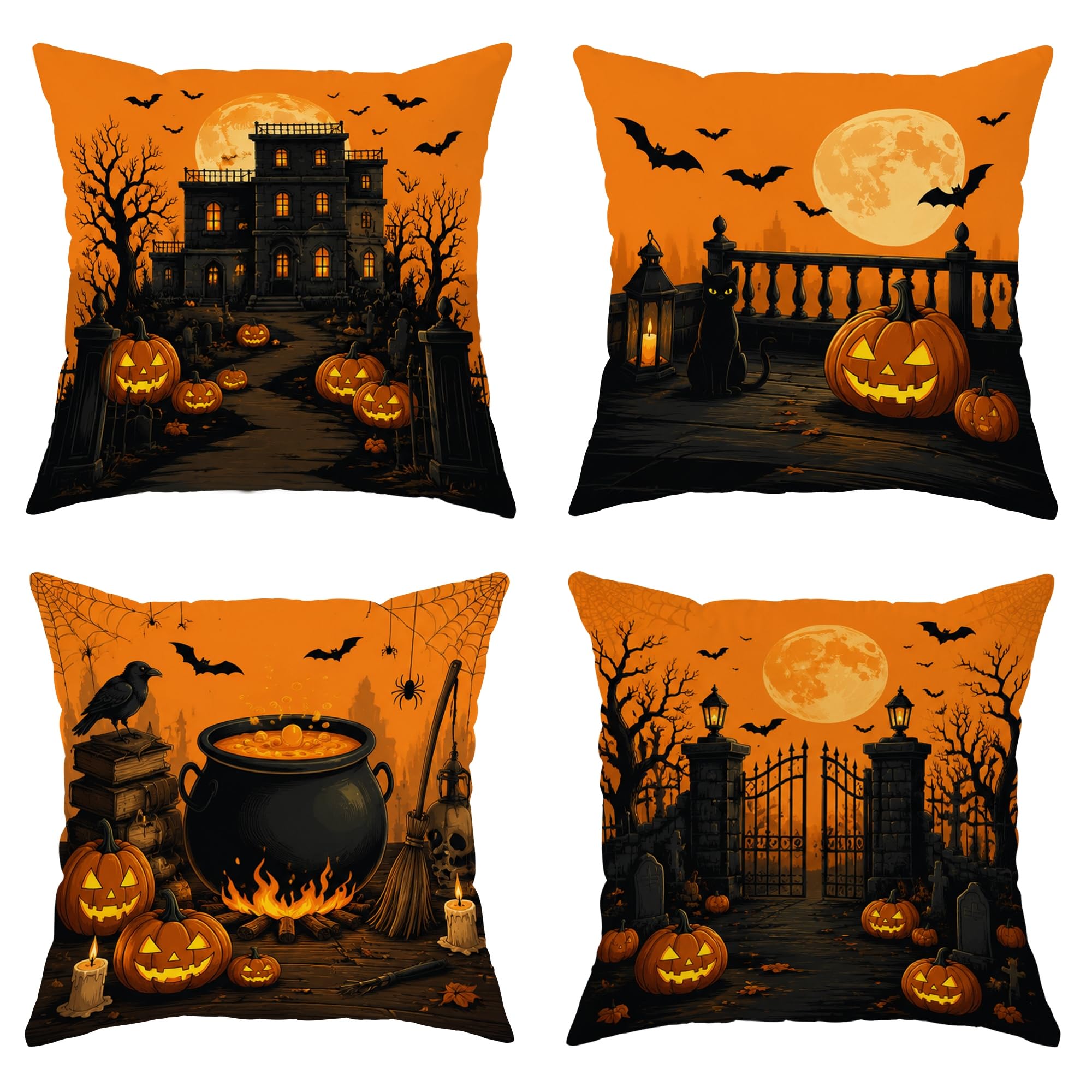 Housses de coussin lavables pour eliminer les taches, deco Halloween en velours orange 55cm