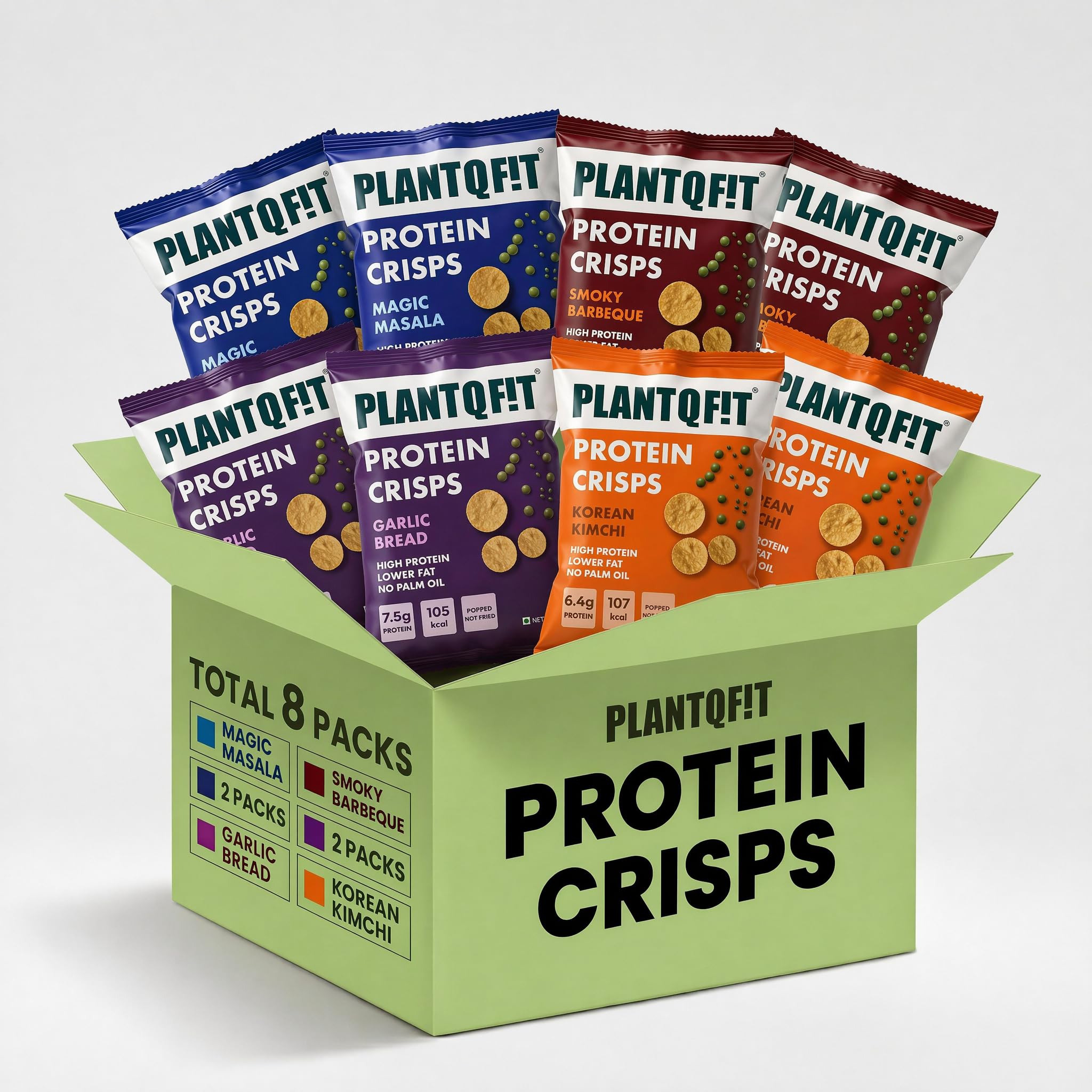 PLANTQFIT Protein Crisps – Combo Of 8 | Smokey Barbeque + Garlic Bread + Masala Magic + Masala Magic Flavour | Crunchy Savoury Snack | Pack Of 2-25 gm Each-image-49