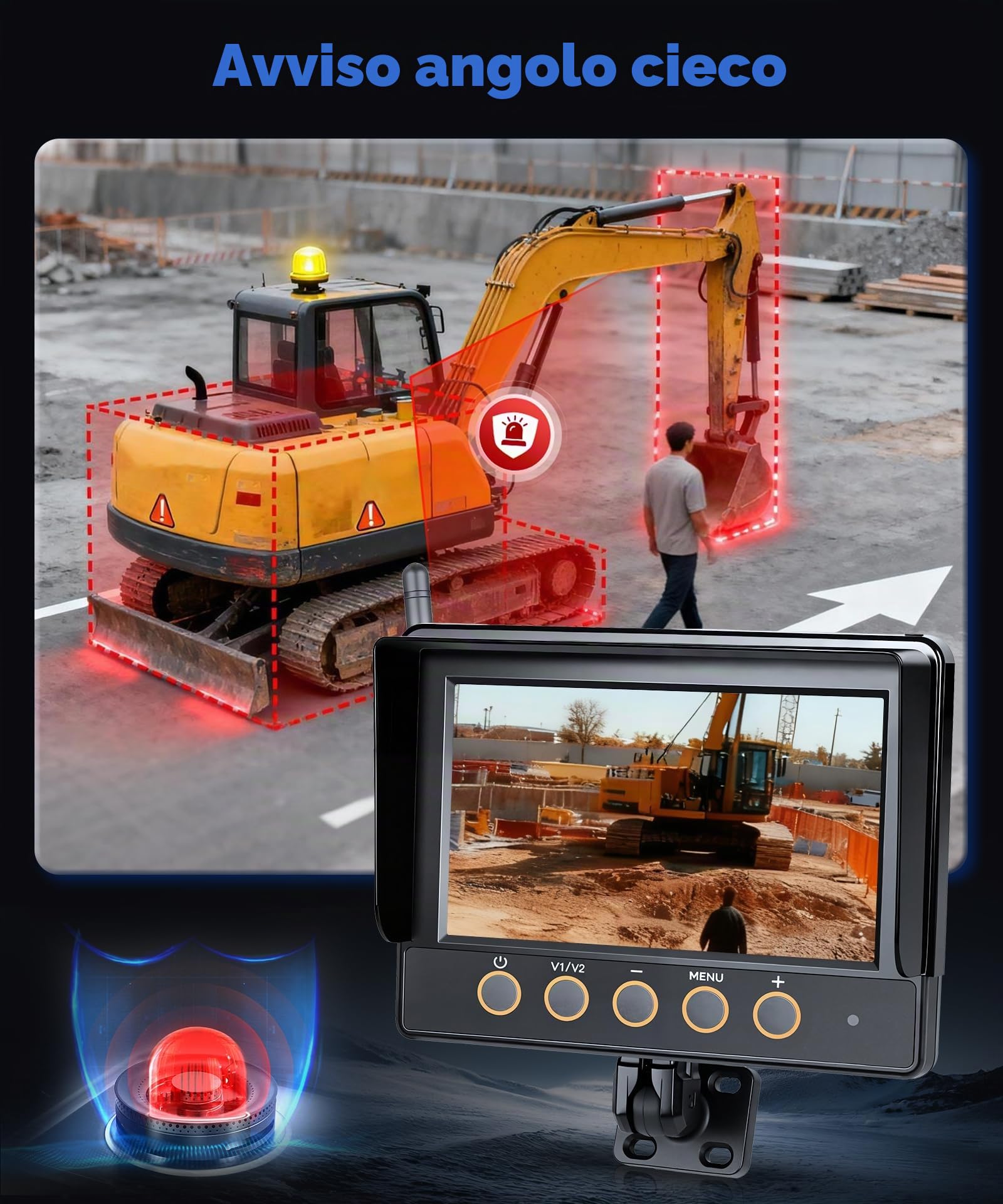 VECHTEL Kit Telecamera Posteriore IPS HD 7 Pollici senza Fili con 1 Telecamere, Telecamera Retromarcia Auto con BSD Impermeabile IP68 Visione Notturna Supergrandangolo per 12-36V Veicoli da Cantiere