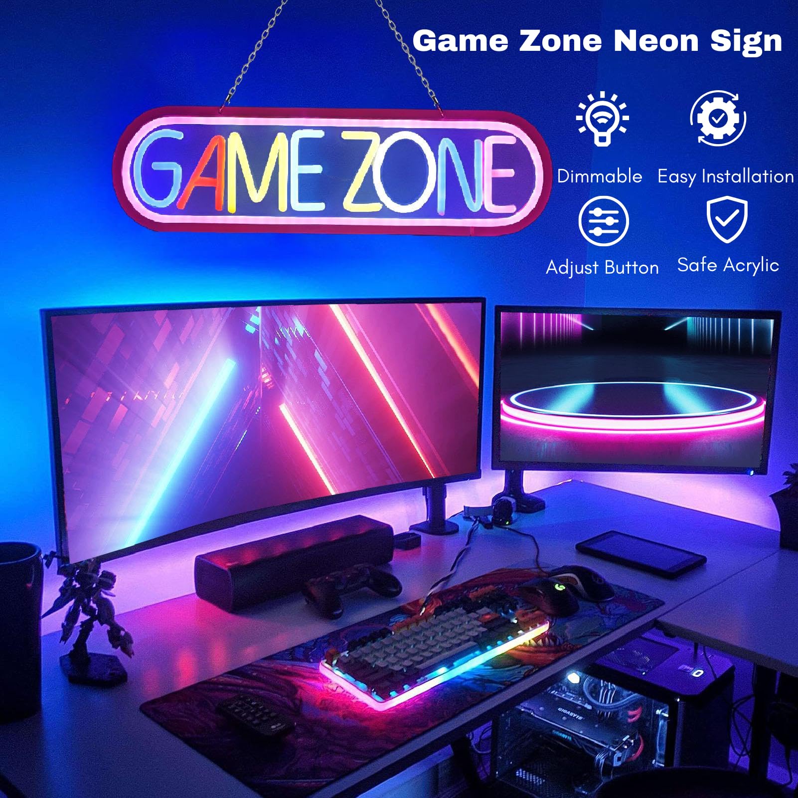 Lampada da Gioco a LED al Neon USB, Luce al Neon per Sala Giochi Lampada da Gioco Decorazione con Gancio per Appendere Camera da Letto Scrivania
