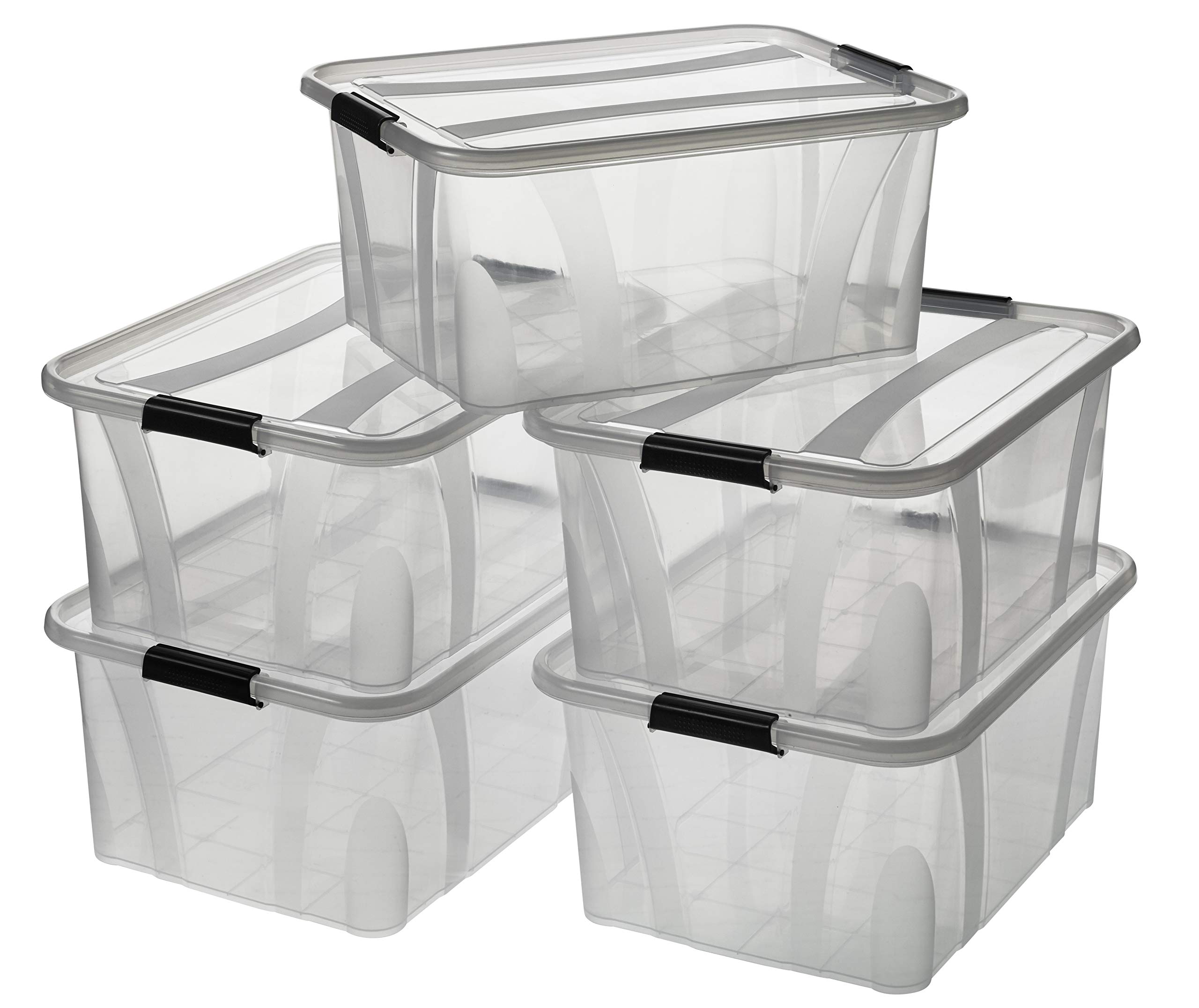 Logiplast 5 Stück Aufbewahrungsbox transparent 32 Liter mit Deckel und Klickverschluss 510 x 385 x 230 mm