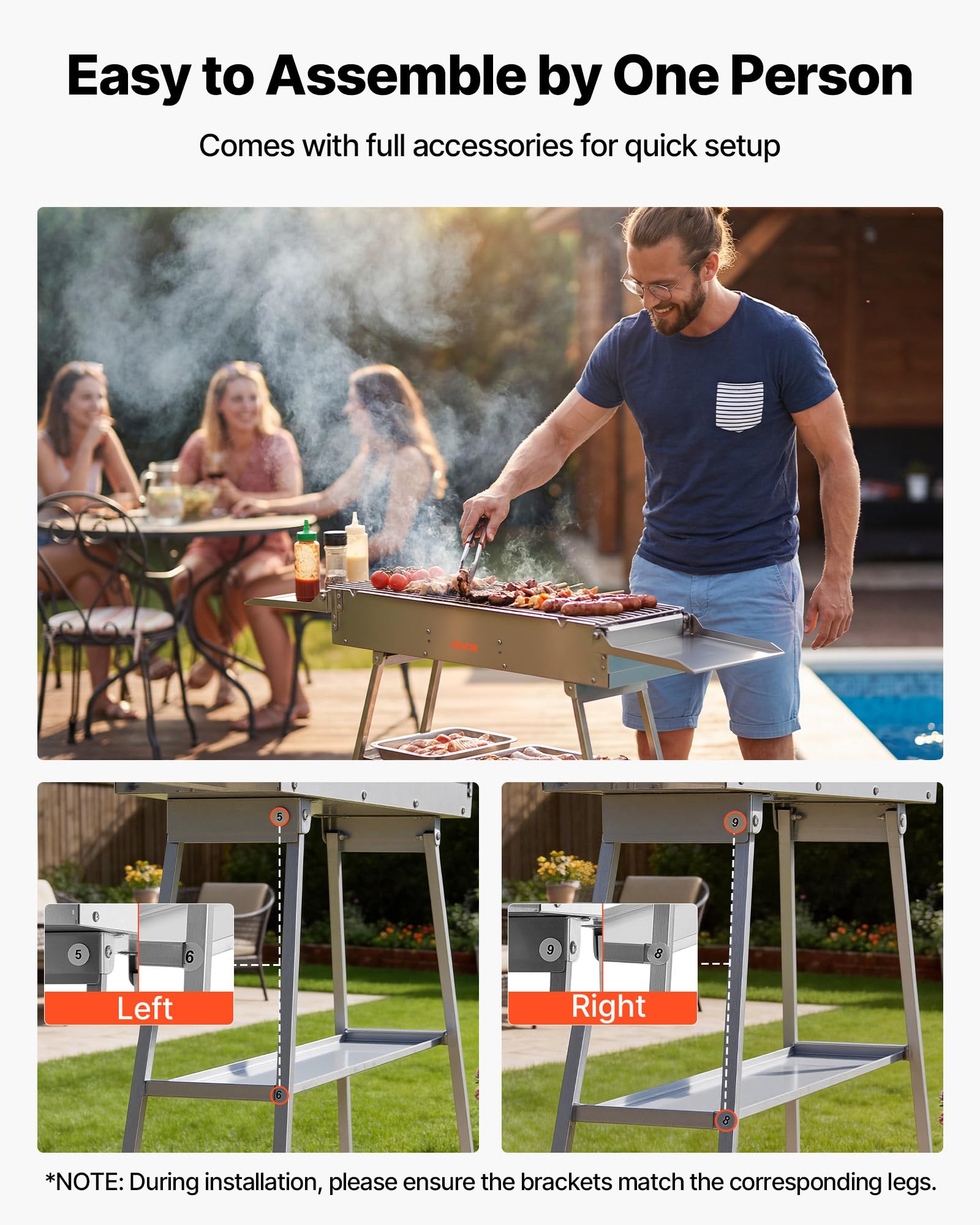 VEVOR Barbacoa de Carbón Plegable 0,16 m², Parrilla de Carbón Portátil con Bandeja de Carbón Elevable y Mesas Laterales, Barbacoa de Acero Inoxidable para Acampar al Aire Libre, Fiestas en Jardín