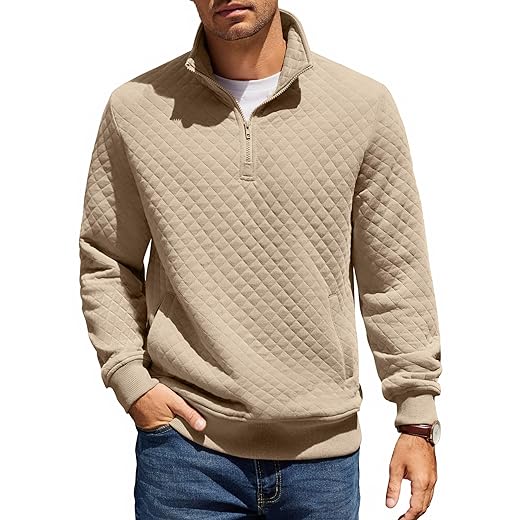 COOFANDY Mens Quarter Zip Pullover Quilted Sweatshirt Knit Long Sleeve Mock Neck Sweater Polo with Pocket