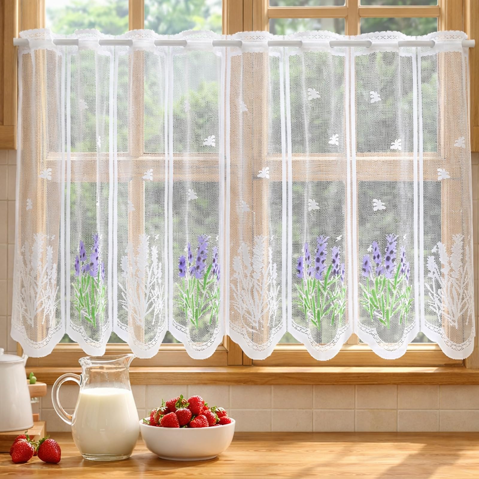 ZKFSIE Drop Lace Cafe Curtains for Small Kitchen Windows, Lavender Pattern, Short Rod Pocket for Kitchen Bathroom Cupboard Sink Basement Half Window, 1 Piece 153x48 cm, Cafe Net Design