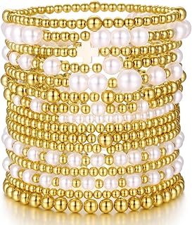 PlsBack 16PCS Gold Bead Pearl Stretch Bracelets for Women - Stackable Adjustable Hypoallergenic Jewelry Gift Set