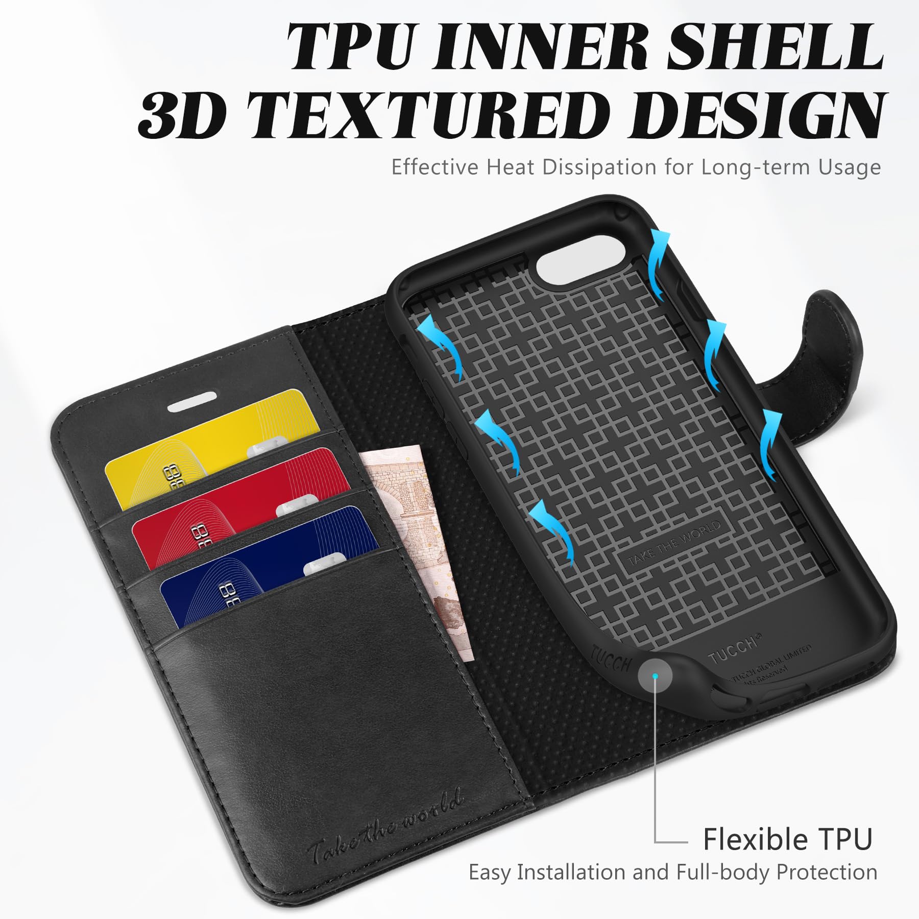TUCCH Custodia per iPhone SE 2022, per iPhone SE 2020 per iPhone 8, per iPhone 7 Portafoglio Chiusura Magnetica Tasca Carte Portacellulare Antiurto per iPhone SE3/SE2/8/7 (4,7”), Nero