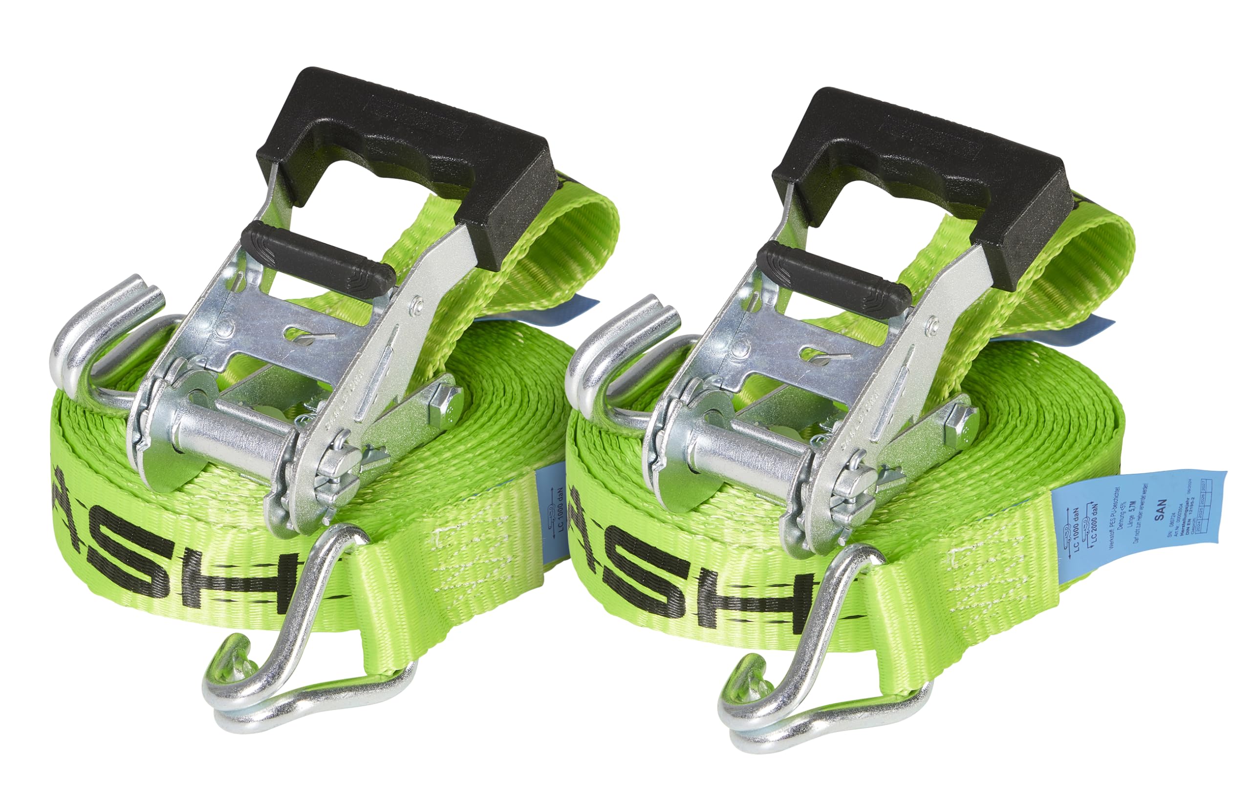2er-Set ERGOLASH Spanngurte, 6 Meter (6m lang), 35mm breit, Zugkraft LC 1.000 daN, STF 200 daN, Zweiteilige Zurrgurte, Ratschenspanngurte mit Haken in Neon-Grün, gefertigt nach DIN EN 12195-2