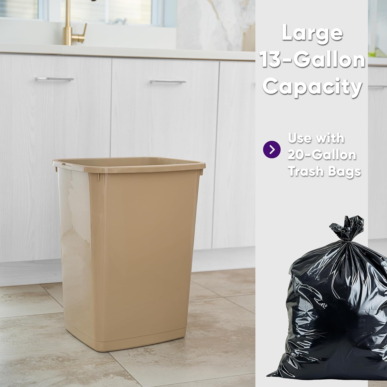 Superio Large Kitchen Trash Can 13 Gallon, 52 Qt Waste Bin for Kitchen, Garage, Indoor and Outdoor Trash Can, Beige