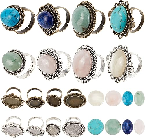 SUNNYCLUE Anillo ajustable de estilo vintage con piedras preciosas en blanco, anillos redondos ovalados en blanco, cabujones planos para hacer