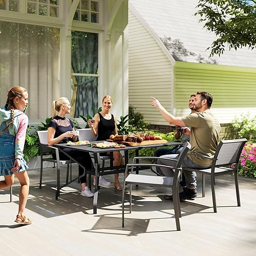 Miniatura 9 de Outsunny Mesa de comedor rectangular para 6 personas, mesa rectangular de acero con agujero para paraguas, marco de acero para jardín, balcón, color