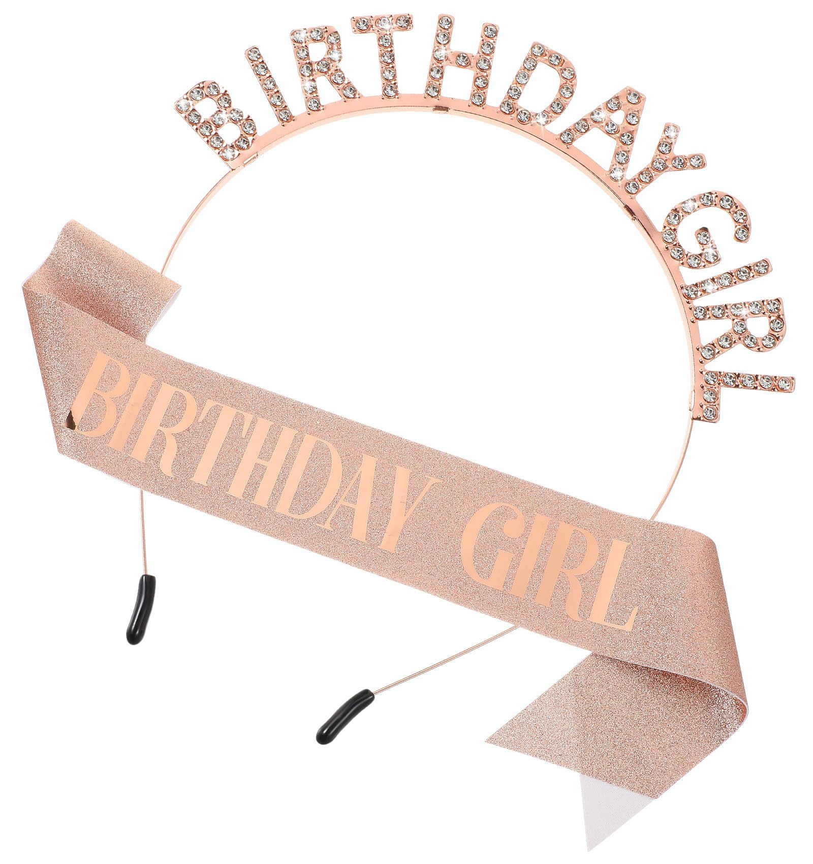 ValueBargain Birthday Headband Girl, Glitter Happy Birthday Girl Headband Tiara Crown & Sash with Rhinestones for Girls, Women (Rose Gold)
