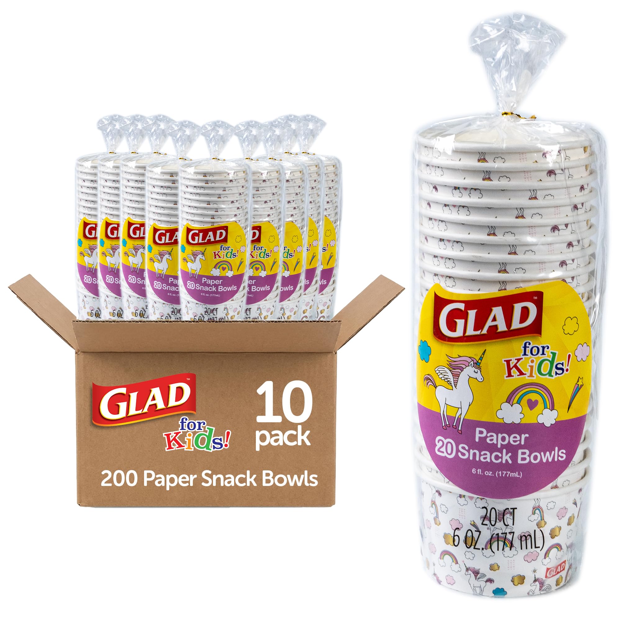 Glad for Kids Unicorn Mini Paper Snack Bowls, 6 Oz, 20 Count, 10-Pack