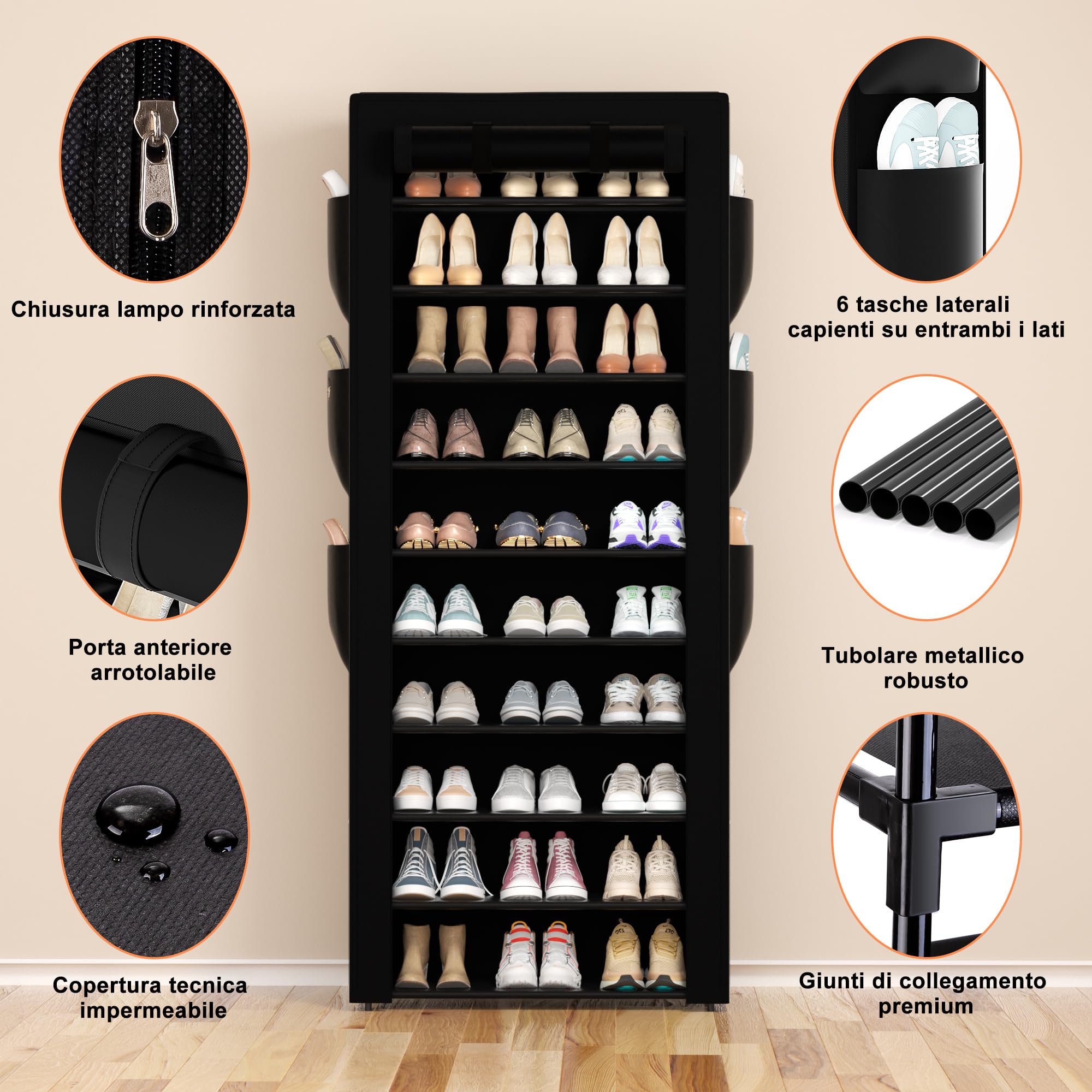 OYREL Scarpiera a 11 Ripiani in Tessuto Antipolvere Chiusa o Aperta, Scaffale Portascarpe con Copertura di Tessuto, 6 Tasche Laterali, per Scarpe da Ginnastica, Tacchi Alti, Ciabatte | Scarpiera grande per 36-41 paia di scarpe, scarpiera chiusa in tessuto