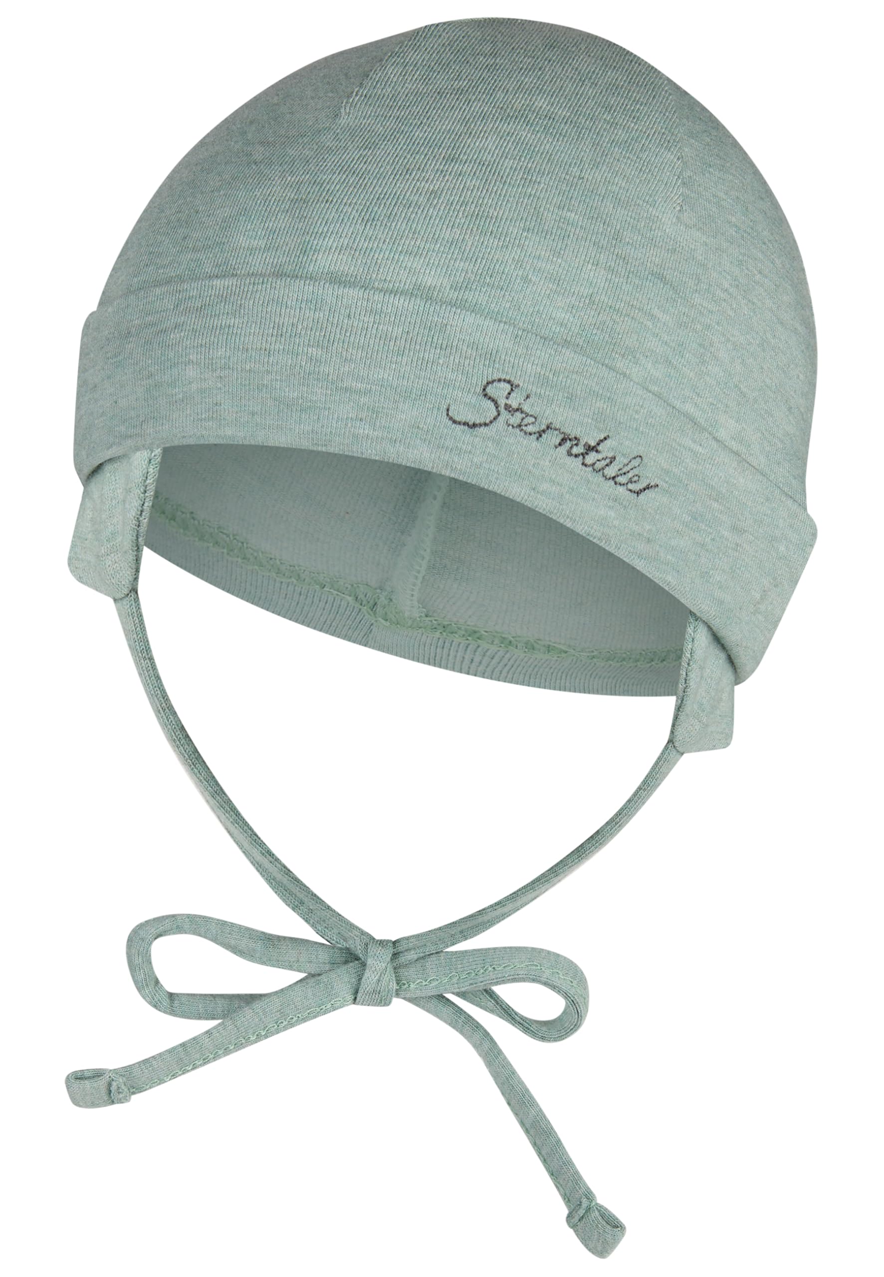 Sterntaler OCS Beanie mit Umschlag – Mütze aus Melange-Singlejersey (Bio) mit Ohrenklappen, Bindeband & Stickmotiv – Unisex Baby Übergangsmütze – steingrün, Gr. 45