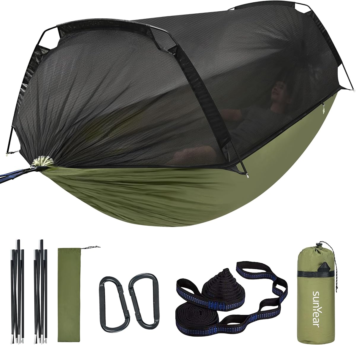 Tienda de campaña para hamaca Sunyear - Hamacas portátiles con mosquitera (individual/doble, capacidad de 500 libras) - Diseño espacioso y antivuelco con 2 correas para árboles para senderismo, mochilero, uso en interiores y exteriores